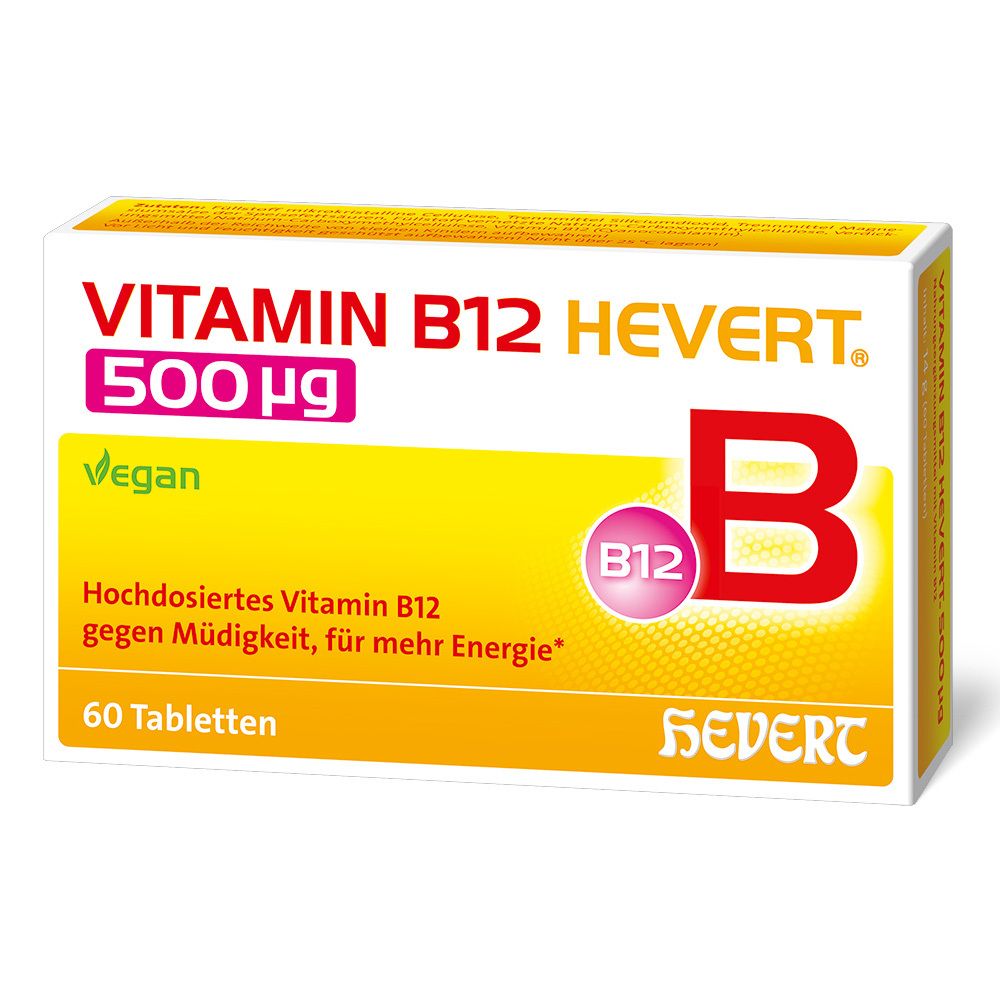 Weiße Schachtel mit gelbem und rotem Aufdruck. Enthält Vitamin B12 Hevert 500 µg, 60 Tabletten. Vegan.