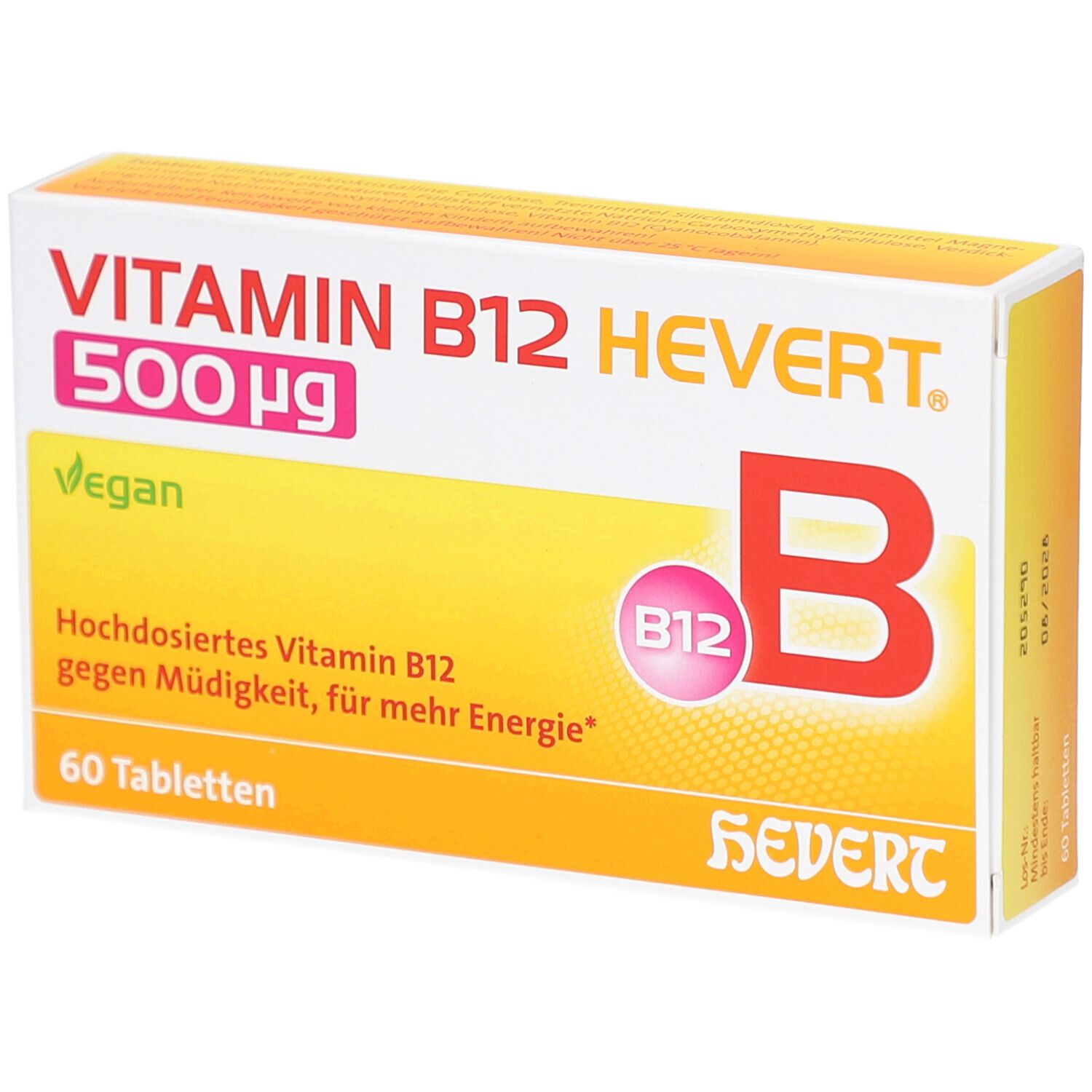 Schachtel mit Vitamin B12 HEVERT 500 µg Tabletten. Gelb-weißes Design mit Produktinformationen und Logo.