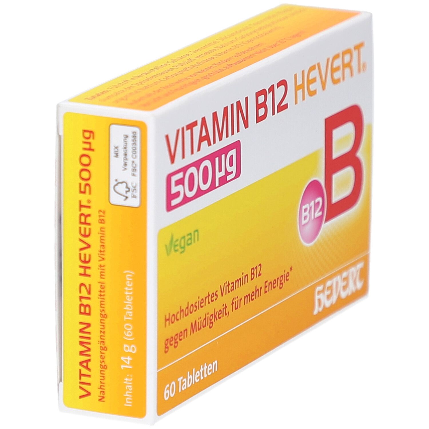 Schrägansicht der Vitamin B12 HEVERT 500 µg Tabletten-Schachtel. Gelb-weißes Design mit Produktinformationen.
