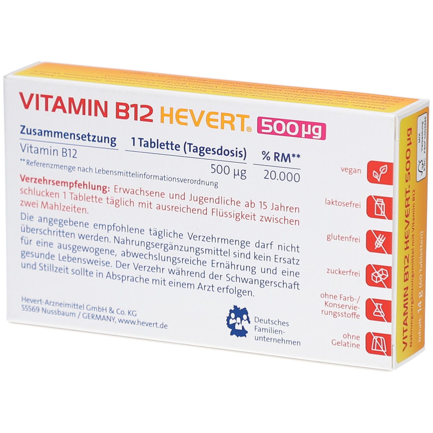 Rückseite der Vitamin B12 HEVERT 500 µg Tabletten-Schachtel. Enthält Inhaltsstoffe, Dosierung und Herstellerinformationen.