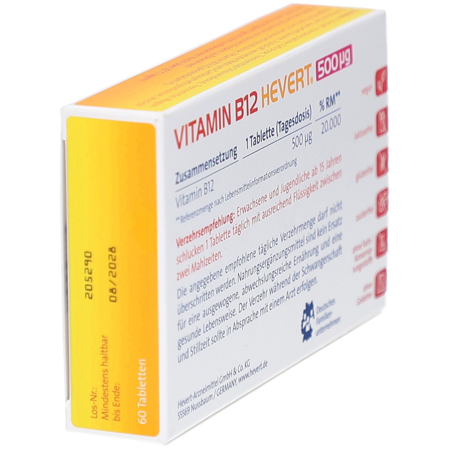 Rückseite der Vitamin B12 HEVERT 500 µg Tabletten-Schachtel. Zeigt Mindesthaltbarkeitsdatum und Chargennummer.
