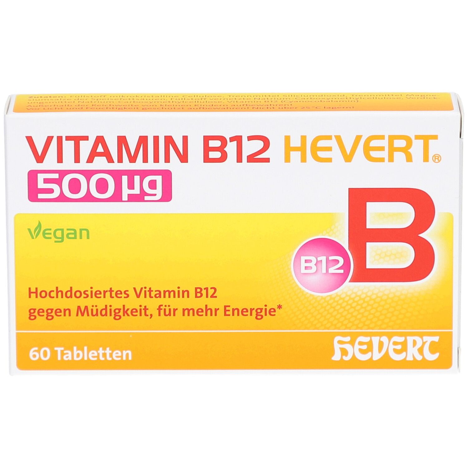Vitamin B12 HEVERT 500 µg Tabletten-Schachtel. Gelb-weißes Design mit Produktnamen und Logo.