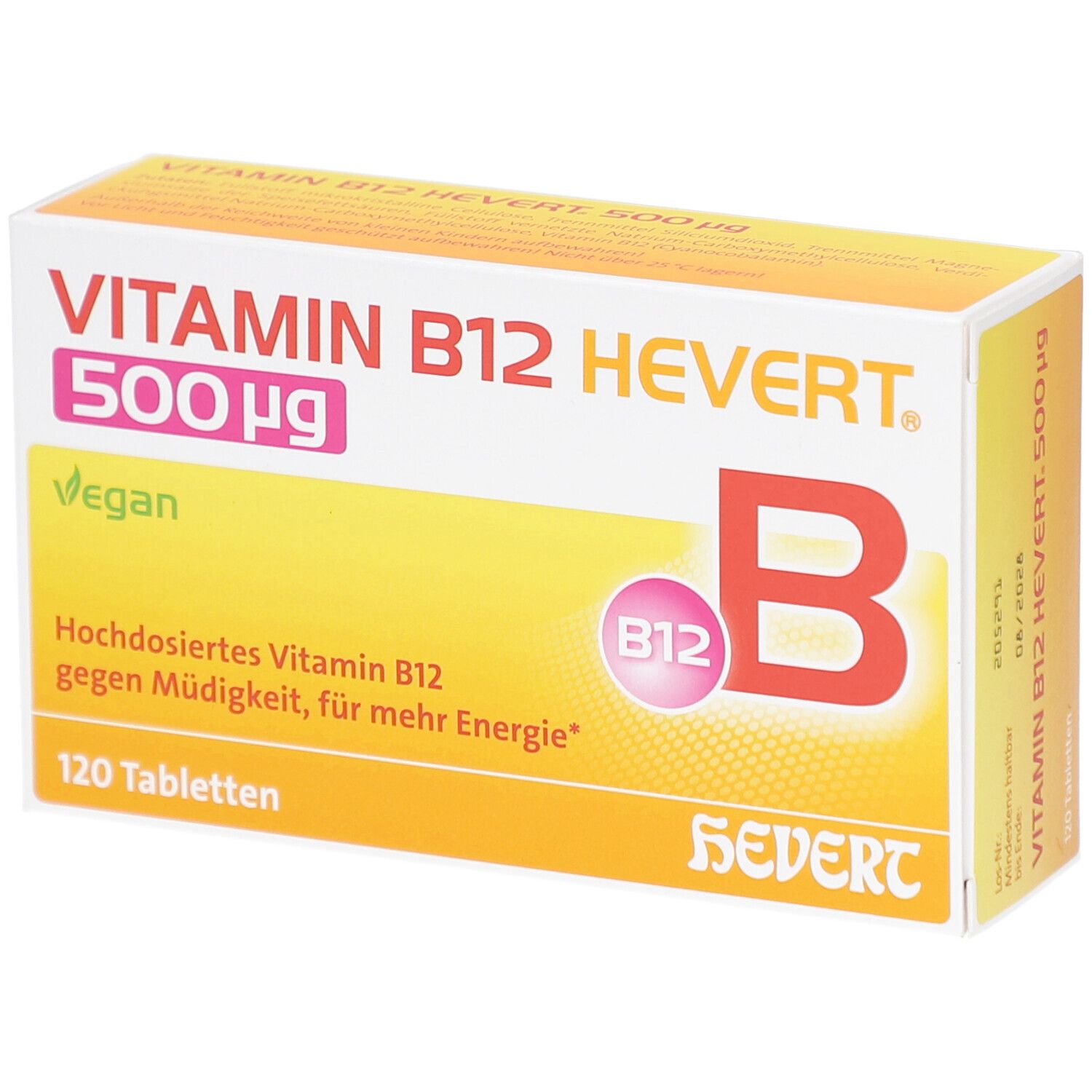 Schachtel mit Vitamin B12 Hevert 500 µg. Gelb-weißes Design. Enthält 120 Tabletten. Vegan. Aufdrucke: Vitamin B12, Hevert, B12.