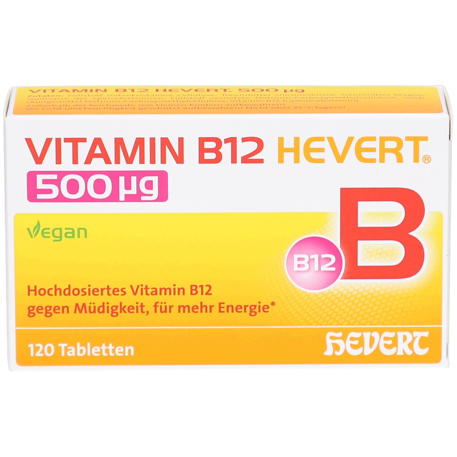 Schachtel mit Vitamin B12 Hevert 500 µg. Gelb-weißes Design. Enthält 120 Tabletten. Vegan. Aufdrucke: Vitamin B12, Hevert, B12.