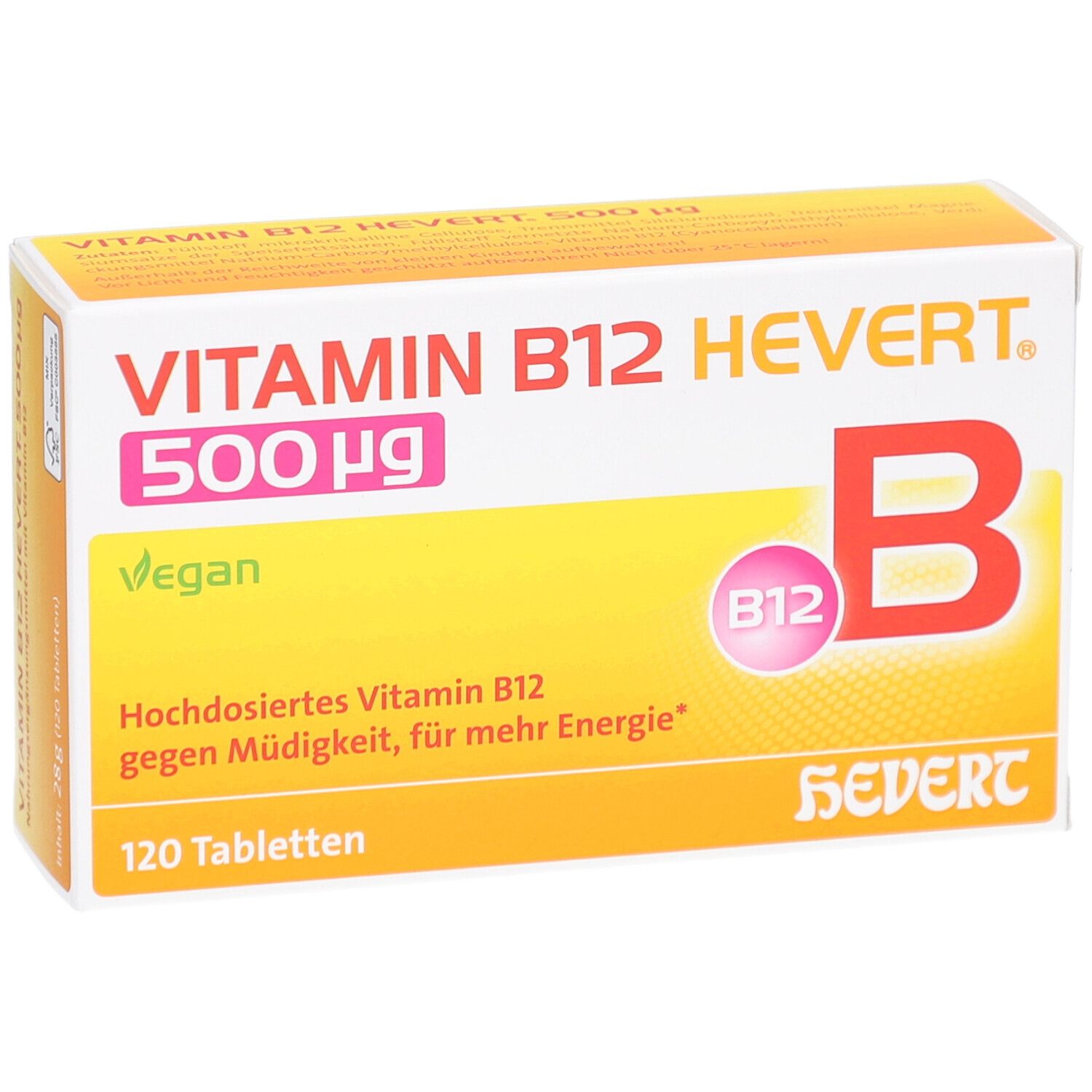 Schachtel mit Vitamin B12 Hevert 500 µg. Gelb-weißes Design. Enthält 120 Tabletten. Vegan. Aufdrucke: Vitamin B12, Hevert, B12.