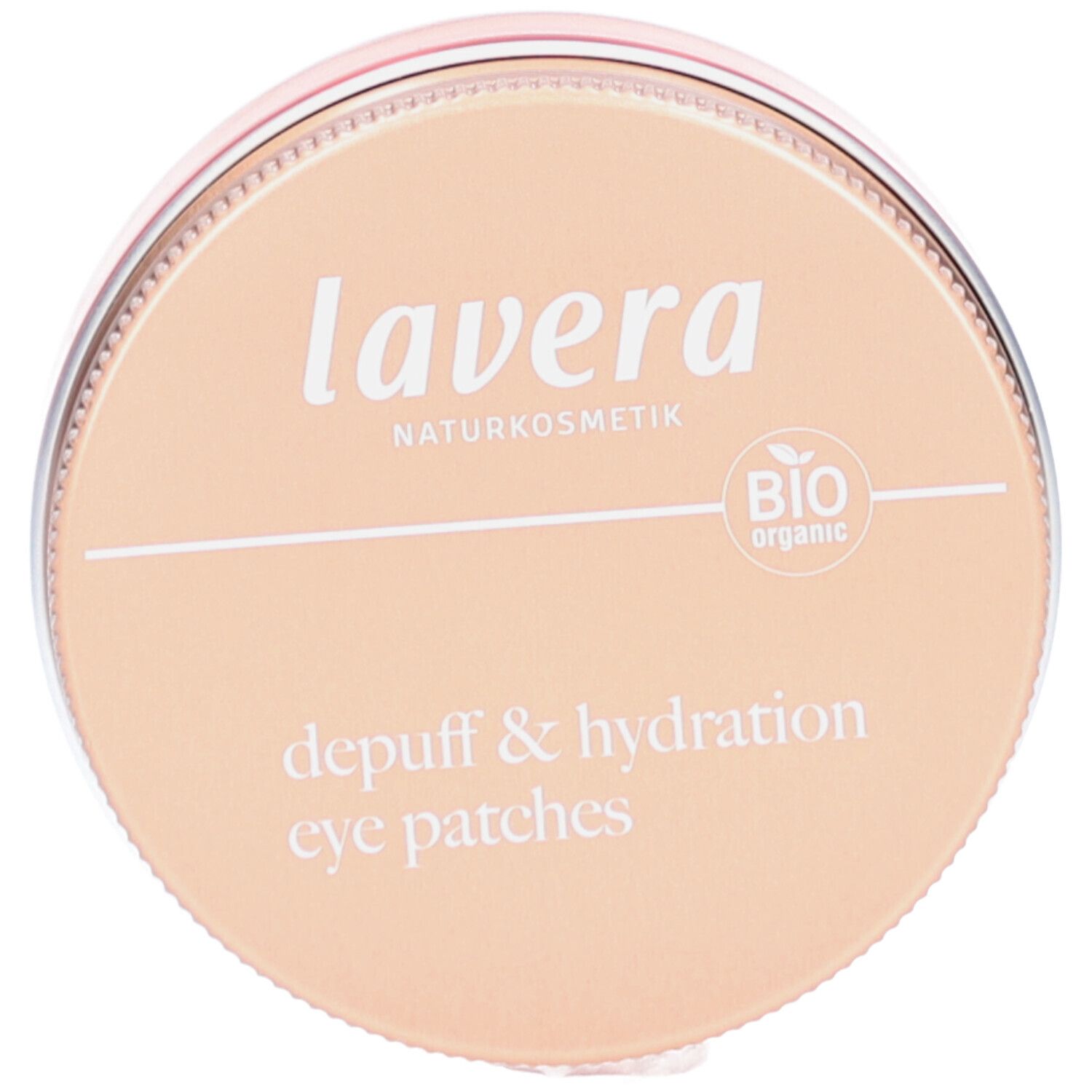 Runde Dose mit Deckel. Aufschrift: lavera, Naturkosmetik, Bio-Siegel. Text: depuff & hydration eye patches.