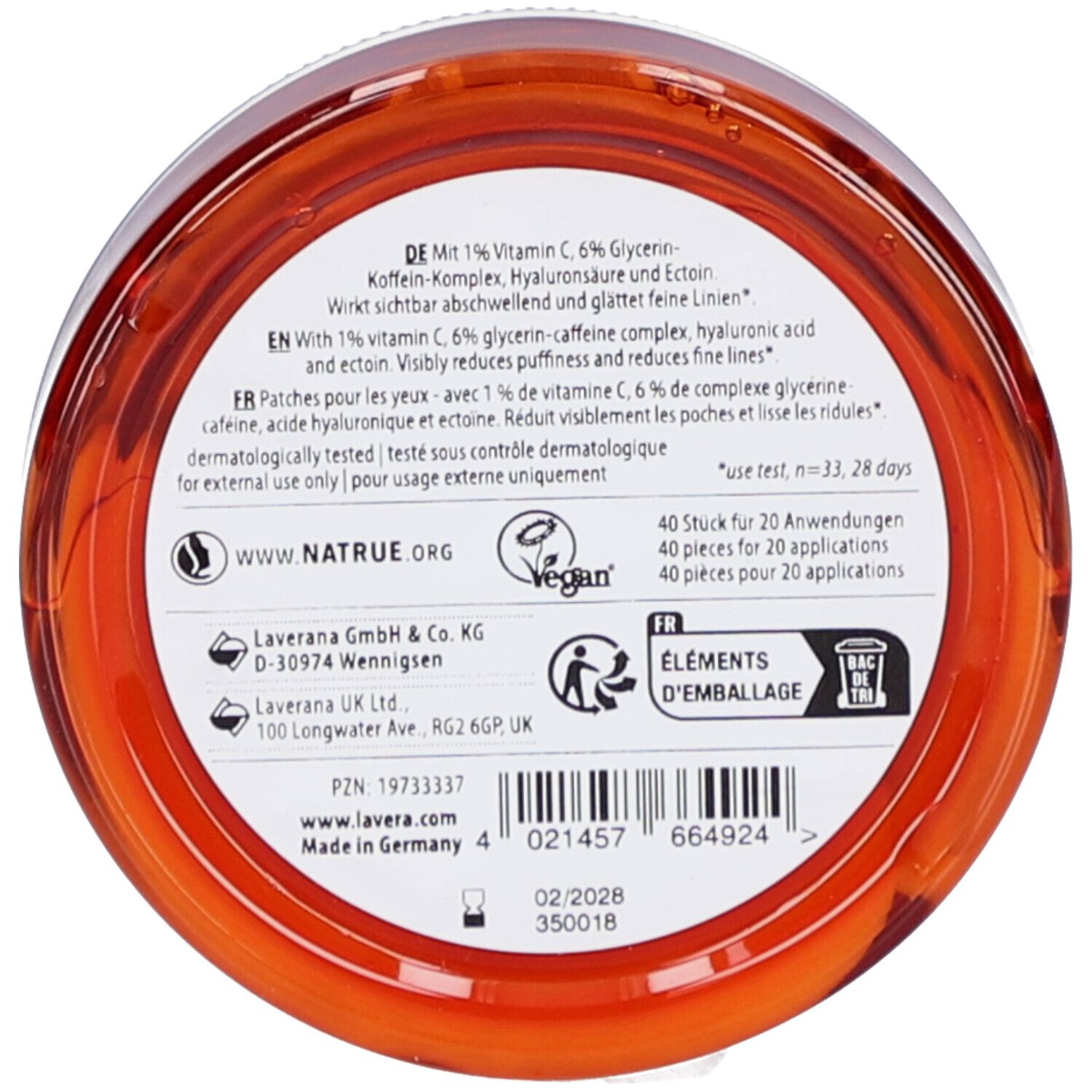 Boden einer Dose mit Text und Logos. Text: 40 Stück für 20 Anwendungen, Vegan-Siegel, Natrue-Logo, Herstellerinformationen.