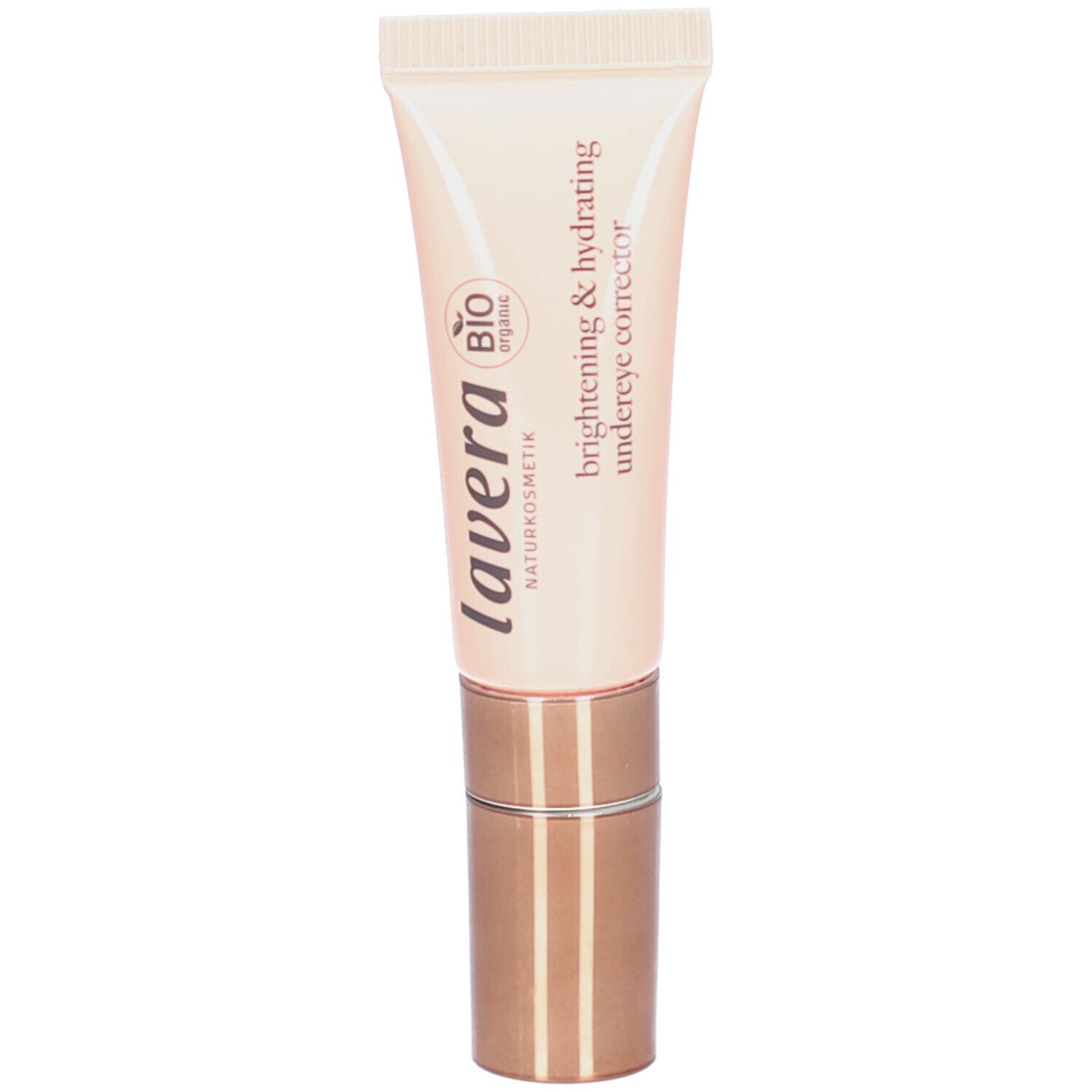 Beige Tube mit braunem Deckel. Aufschrift: lavera, brightening & hydrating undereye corrector. Bio-Siegel.