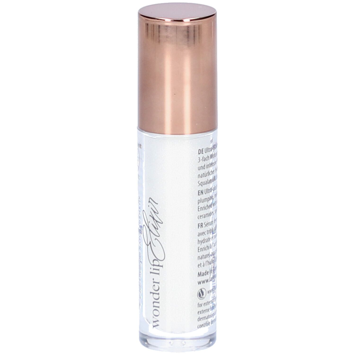 Lip Elixir Flasche mit roségoldfarbenem Deckel. Aufschrift: Inhaltsstoffe, Wonder lip Elixir.