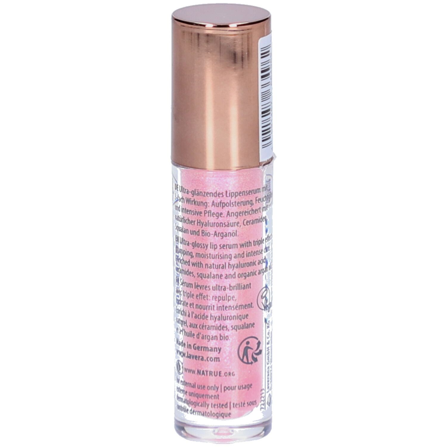 Lipgloss-Fläschchen mit rosafarbenem Inhalt. Goldfarbener Deckel. Aufschrift: lavera. Rückseite mit Text.