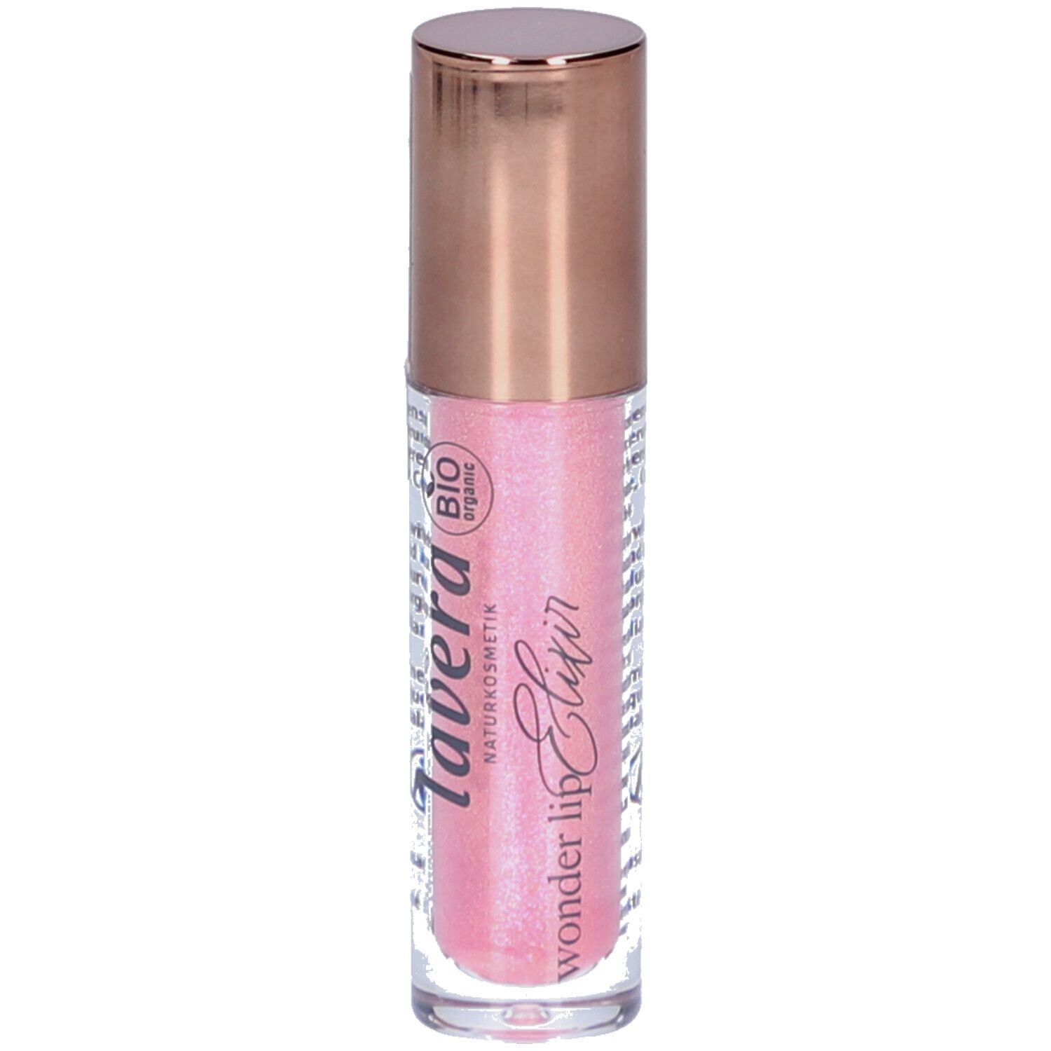Lipgloss-Fläschchen mit rosafarbenem Inhalt. Goldfarbener Deckel. Aufschrift: lavera, Wonder lip Elixir.
