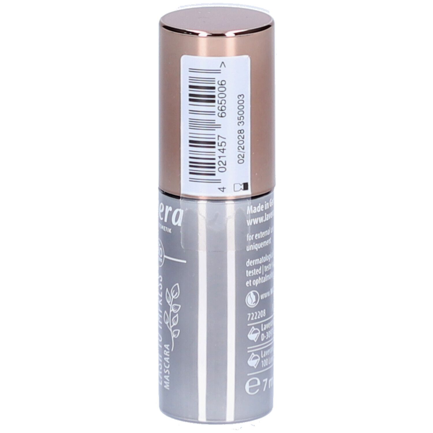 Zylindrische Mascarahülse mit kupferfarbenem Deckel. Aufschrift: lavera, Mascara, 7ml, Informationen zur Anwendung, Barcode.