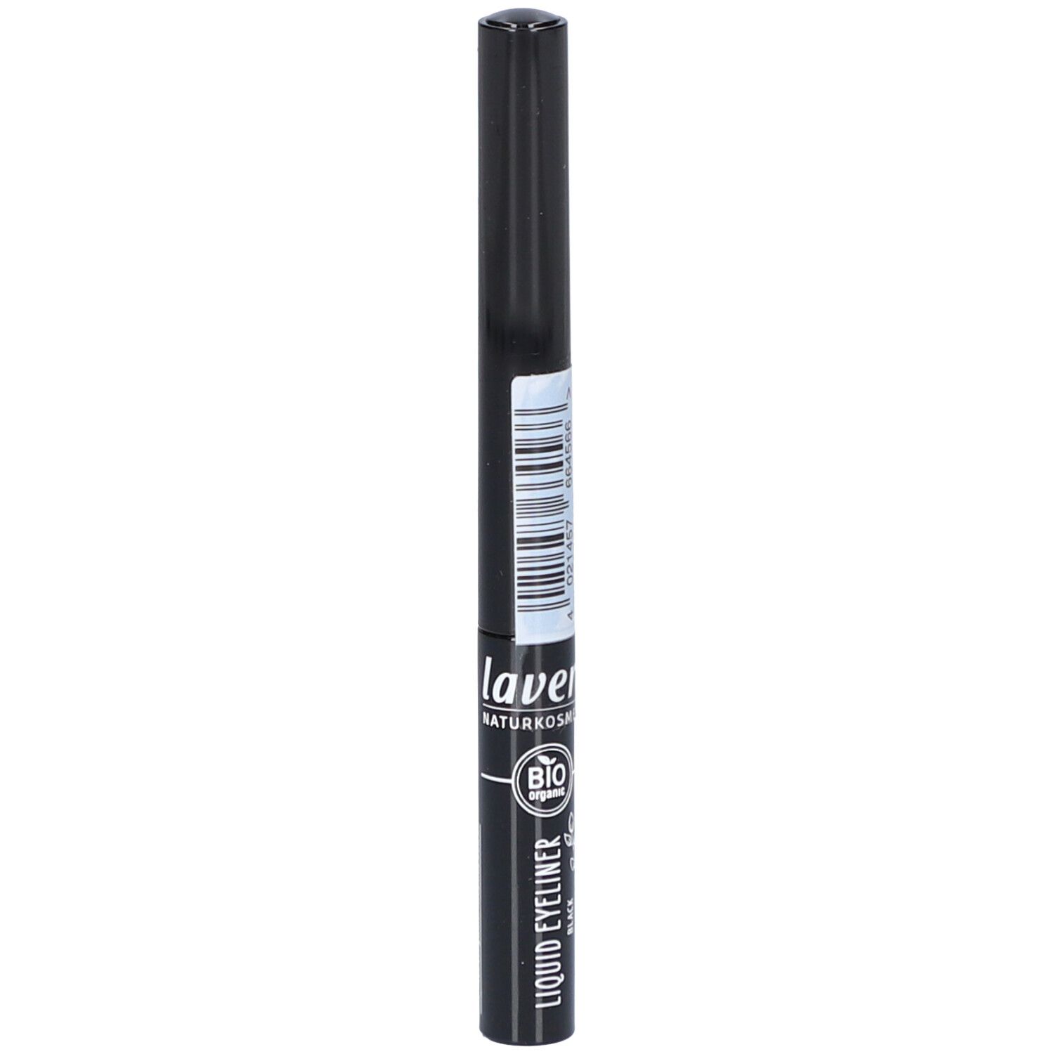 Schwarzer flüssiger Eyeliner. Aufschrift: lavera, Naturkosmetik, BIO. Mit Applikator. Schwarze Kappe und Stift.