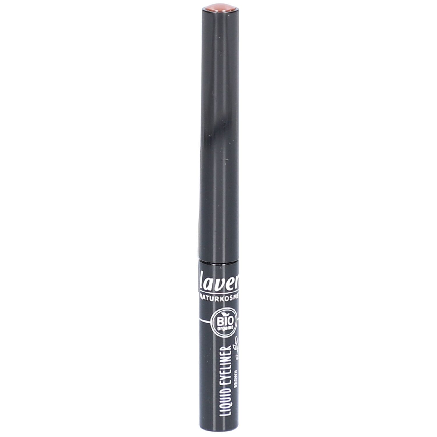 Schwarzer Eyeliner-Stift mit brauner Spitze. Aufschrift: lavera, BIO organic, Liquid Eyeliner Brown.