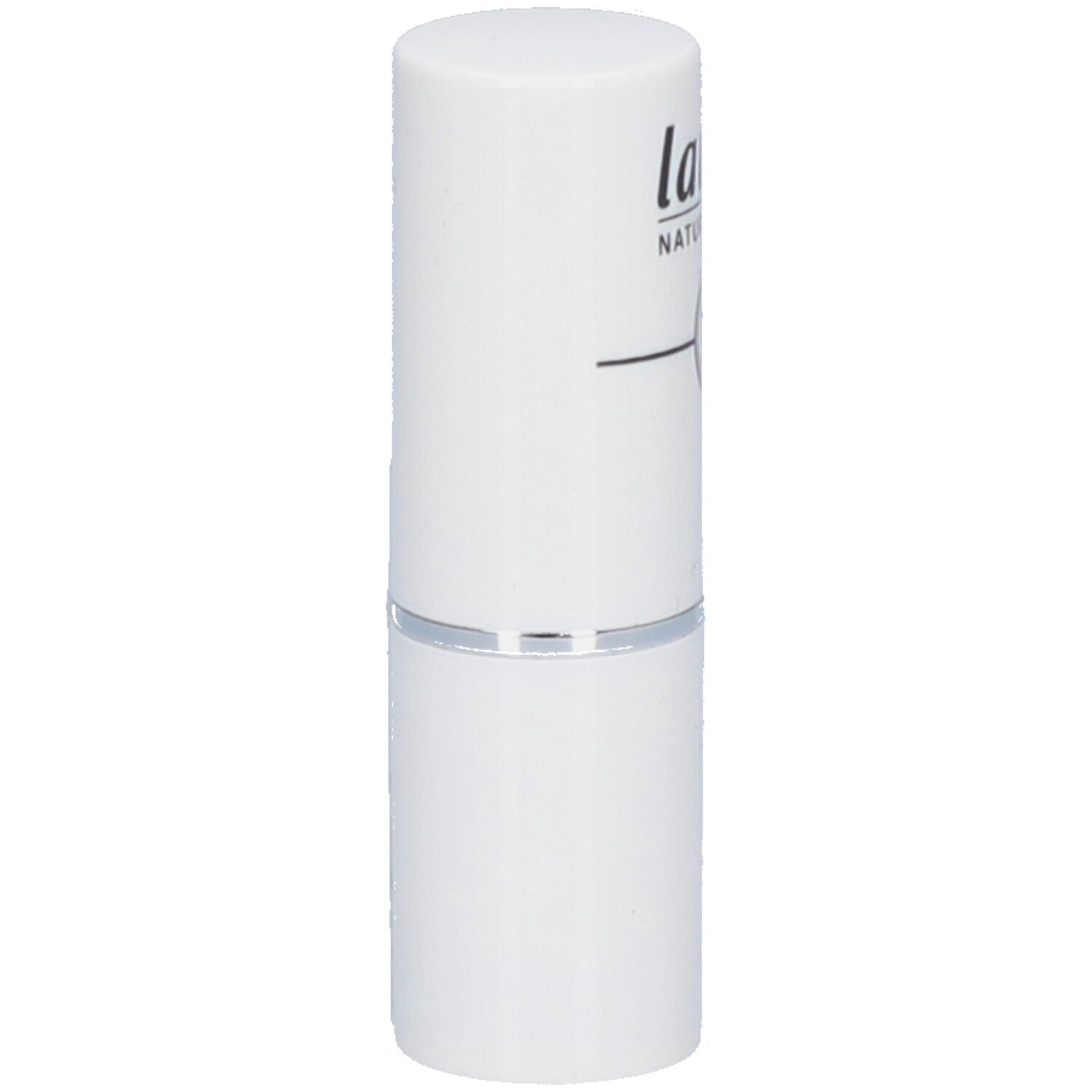 Weißer Lippenstift-Behälter. Zylindrische Form mit silbernem Ring. Marke "lavera" sichtbar.