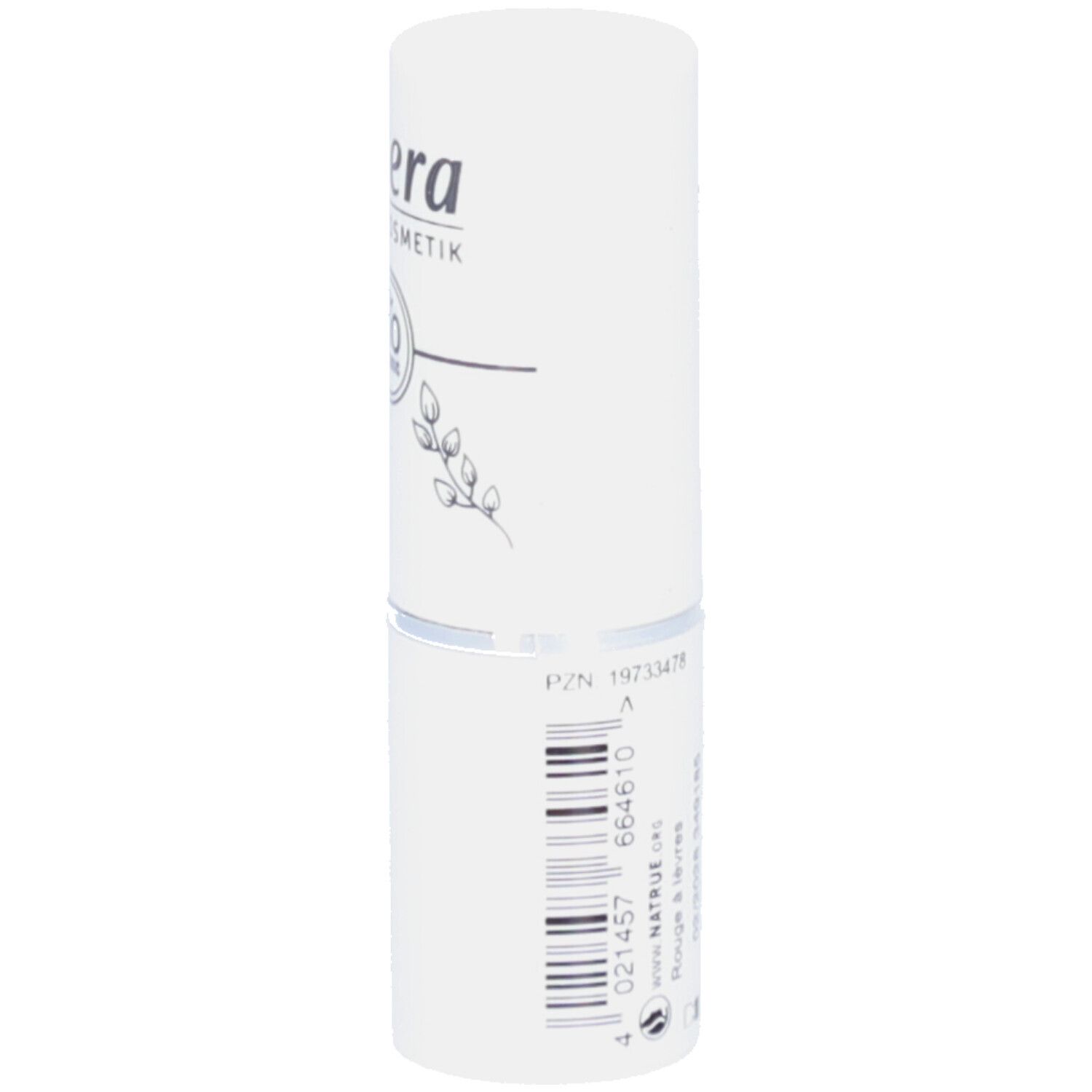 Weißer Lippenstift-Behälter mit Text und Logo "lavera". Zylindrische Form. P/N 19733478.