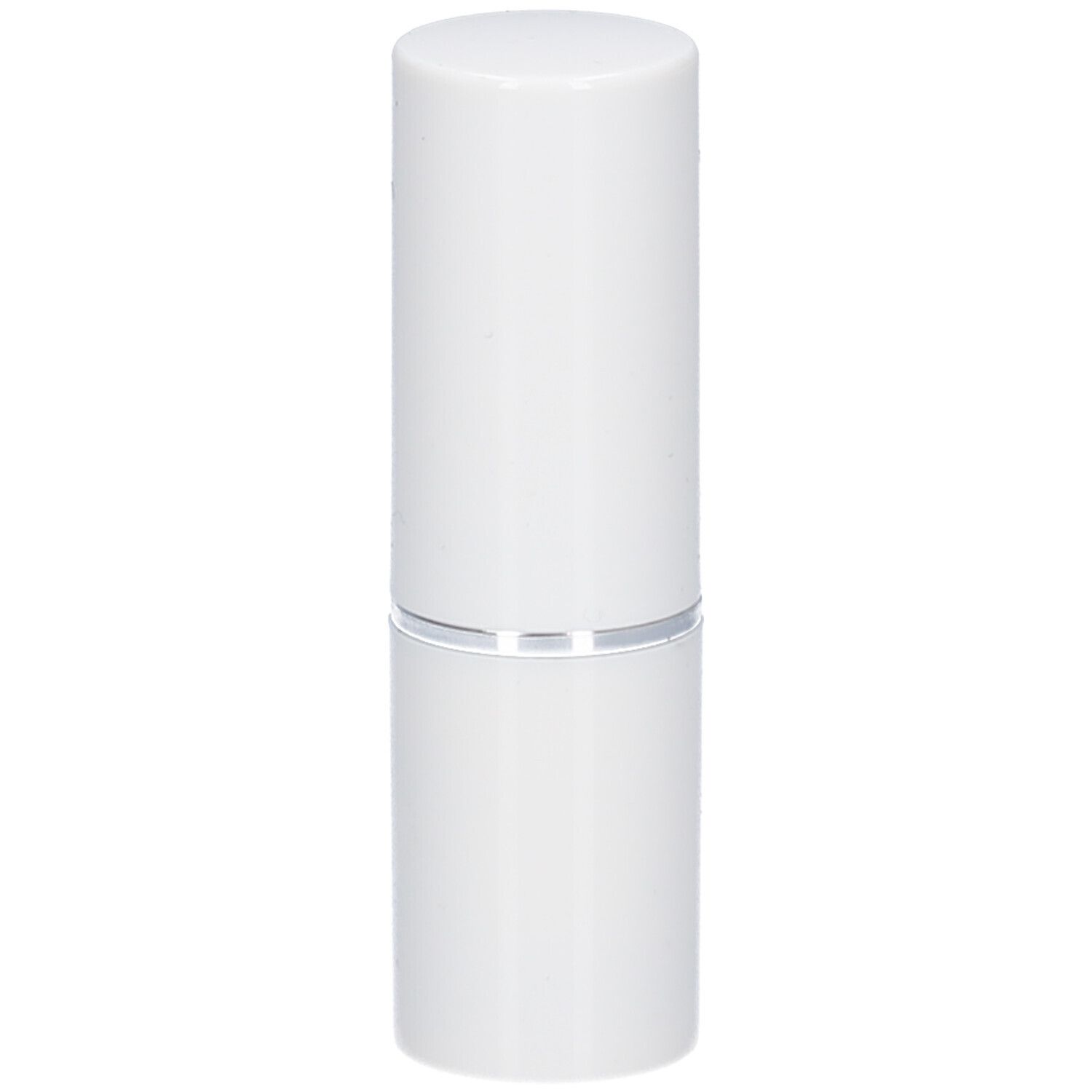 Weißer Lippenstift, geschlossen. Der Lippenstift hat einen silbernen Ring zwischen Deckel und Hülse.