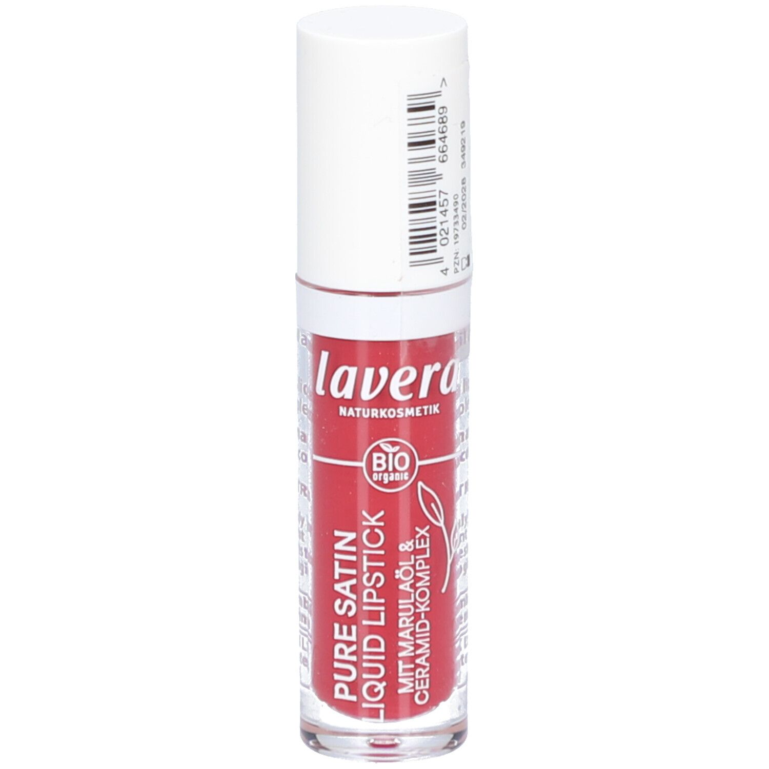 Roter flüssiger Lippenstift in einer transparenten Hülse mit weißem Deckel. Aufschrift: lavera, Pure Satin Liquid Lipstick.