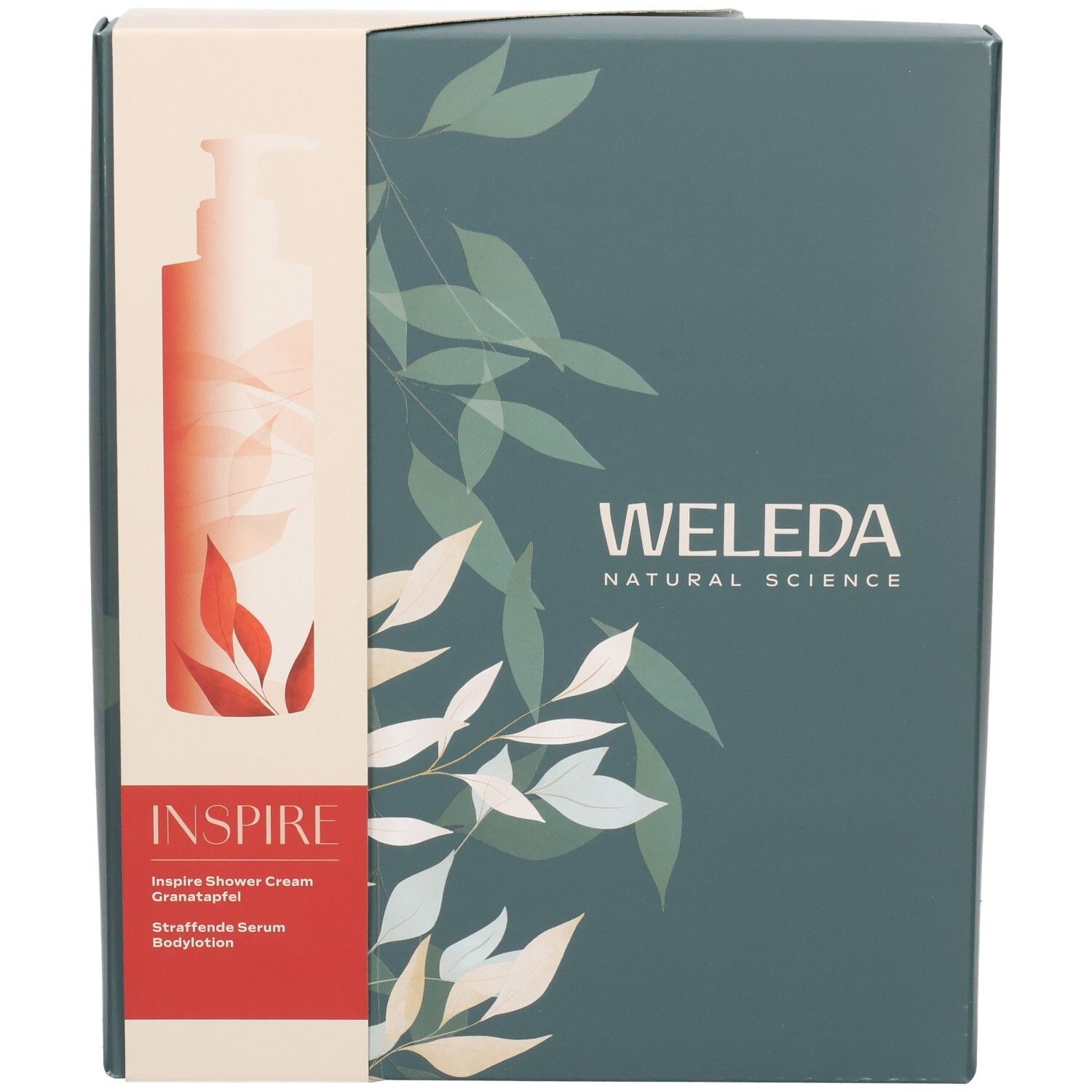 WELEDA Geschenkset Inspire: Vorderseite der Verpackung mit Produktabbildung und Pflanzenmotiv.