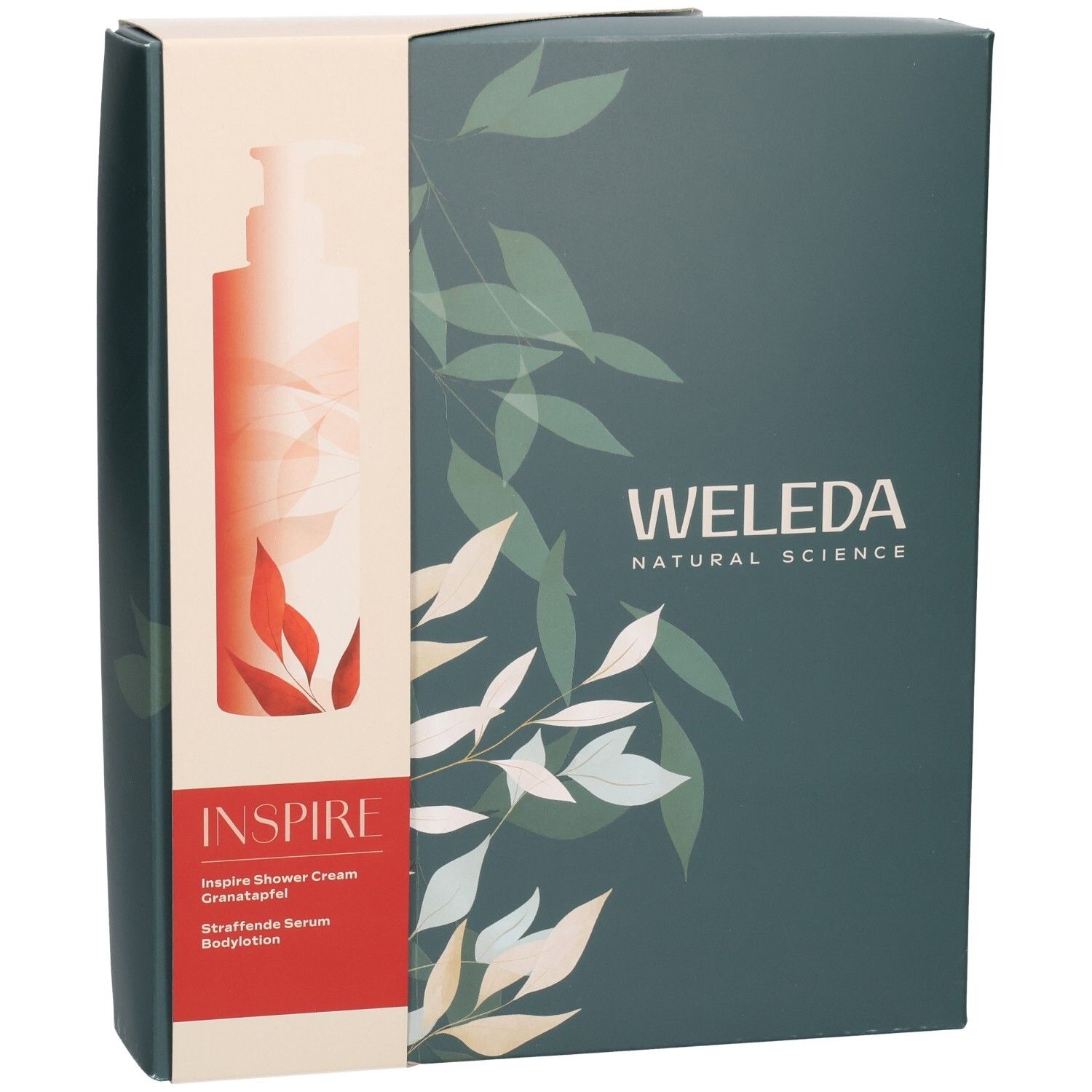 WELEDA Geschenkset Inspire: Vorderseite der Verpackung mit Produktabbildung und Pflanzenmotiv.