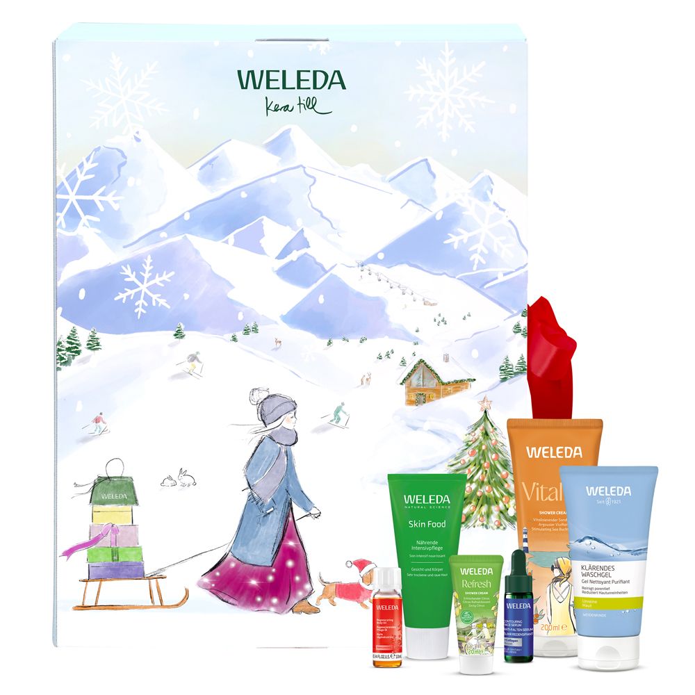 Adventskalender mit Winterlandschaft, Frau mit Hund und Geschenken. Weleda-Produkte: Cremes, Öle, Fläschchen. Schneeflocken.