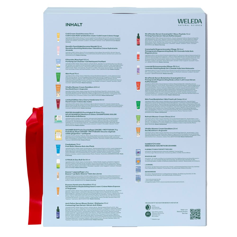 Rückseite des Adventskalenders. Inhalt-Liste mit Produktnamen und Inhaltsstoffen. Weleda-Logo. Text in Deutsch.