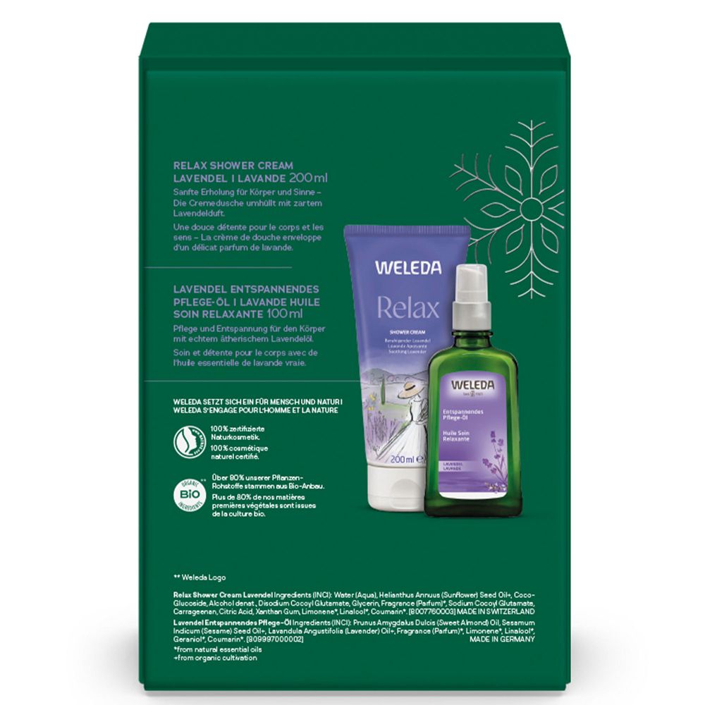 Rückseite der Geschenkbox mit Produkten: Duschcreme, Pflegeöl und Sprühflasche. Text: WELEDA, Inhaltsstoffe, Bio-Siegel.