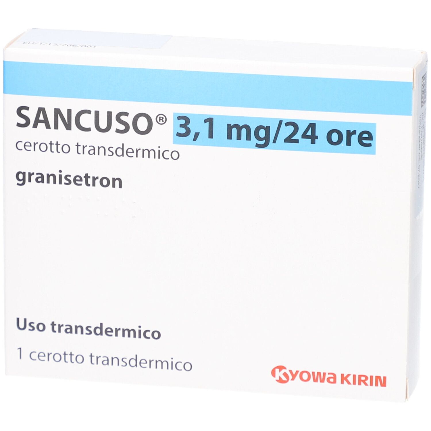 Verpackung von SANCUSO 3,1 mg/24 Stunden transdermale Pflaster. Weiß, mit blauer Schrift. Enthält 1 Pflaster.