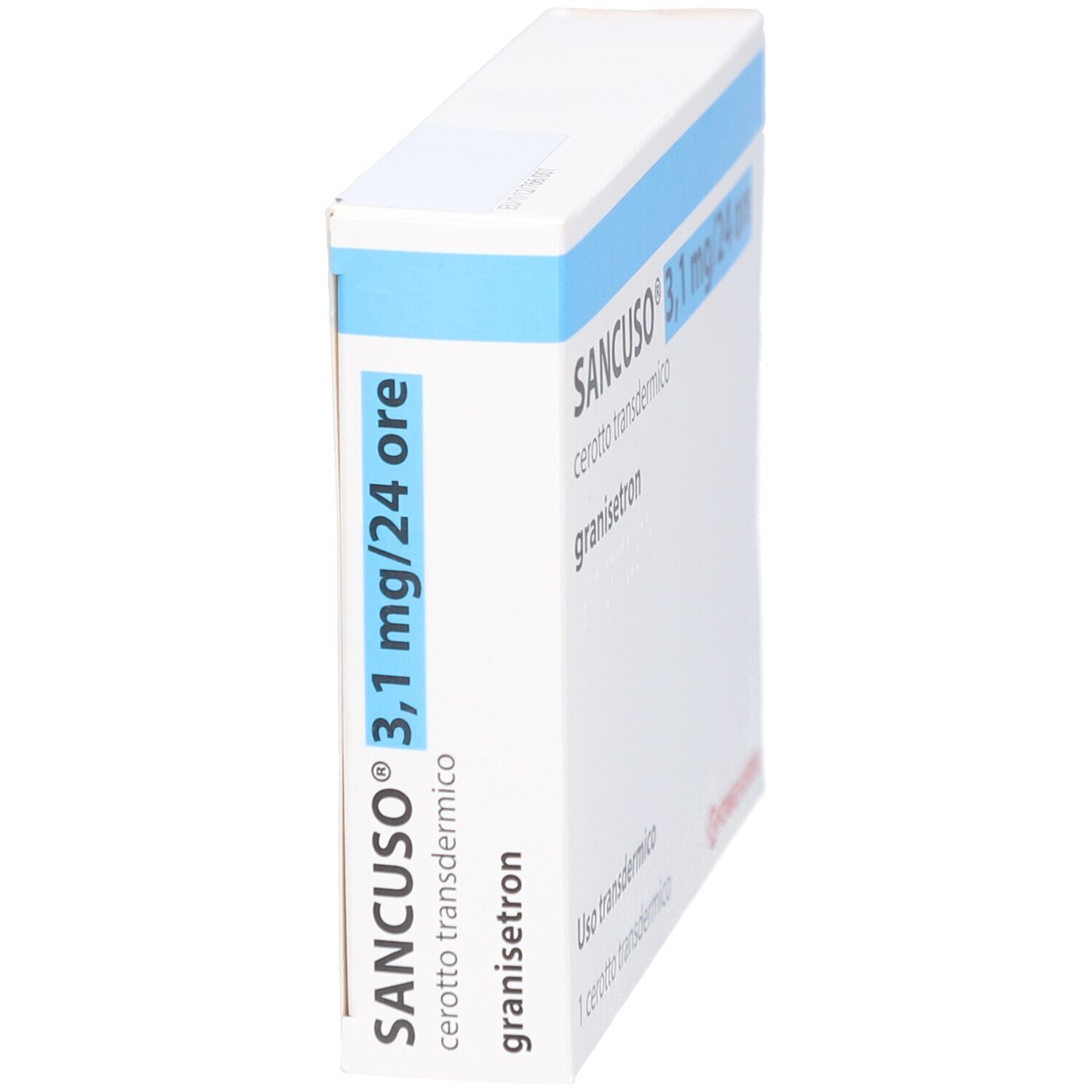 SANCUSO 3,1 mg/24 Stunden transdermale Pflaster Verpackung. Weiß mit blauer Schrift. Seitenansicht.
