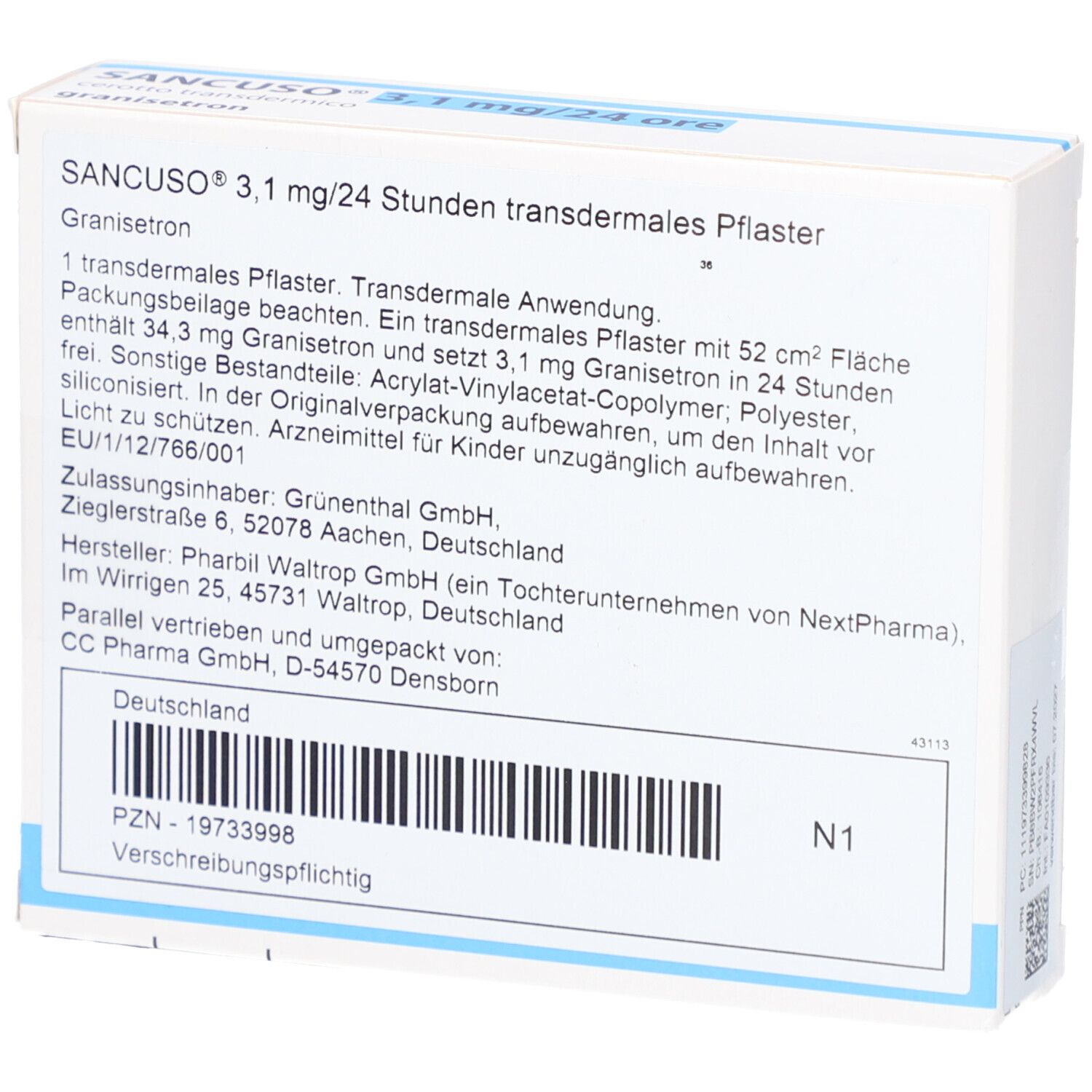 Rückseite der SANCUSO 3,1 mg/24 Stunden transdermale Pflaster Verpackung. Text, Barcode, Herstellerinformationen.