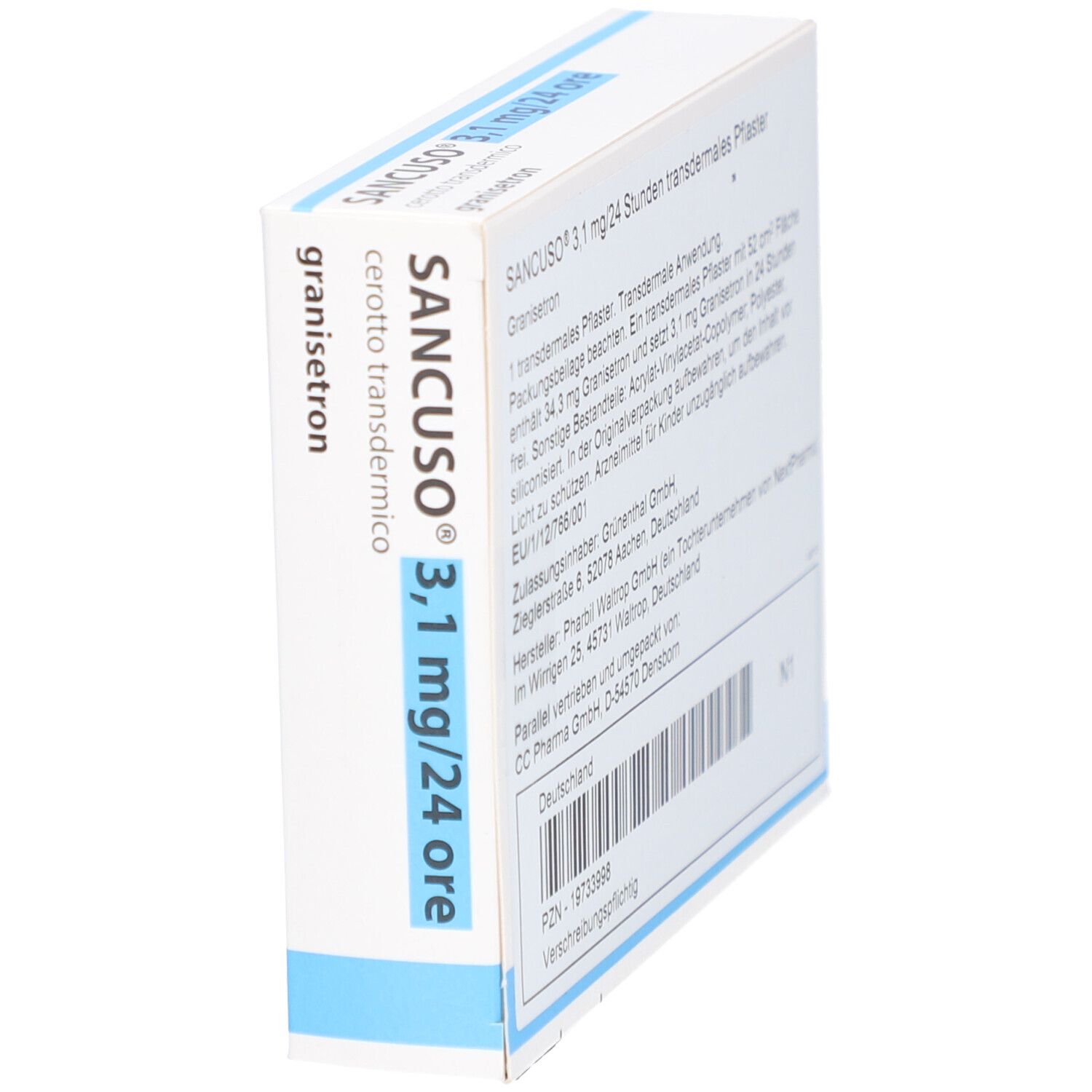 SANCUSO 3,1 mg/24 Stunden transdermale Pflaster Verpackung. Weiß mit blauer Schrift. Seitenansicht.