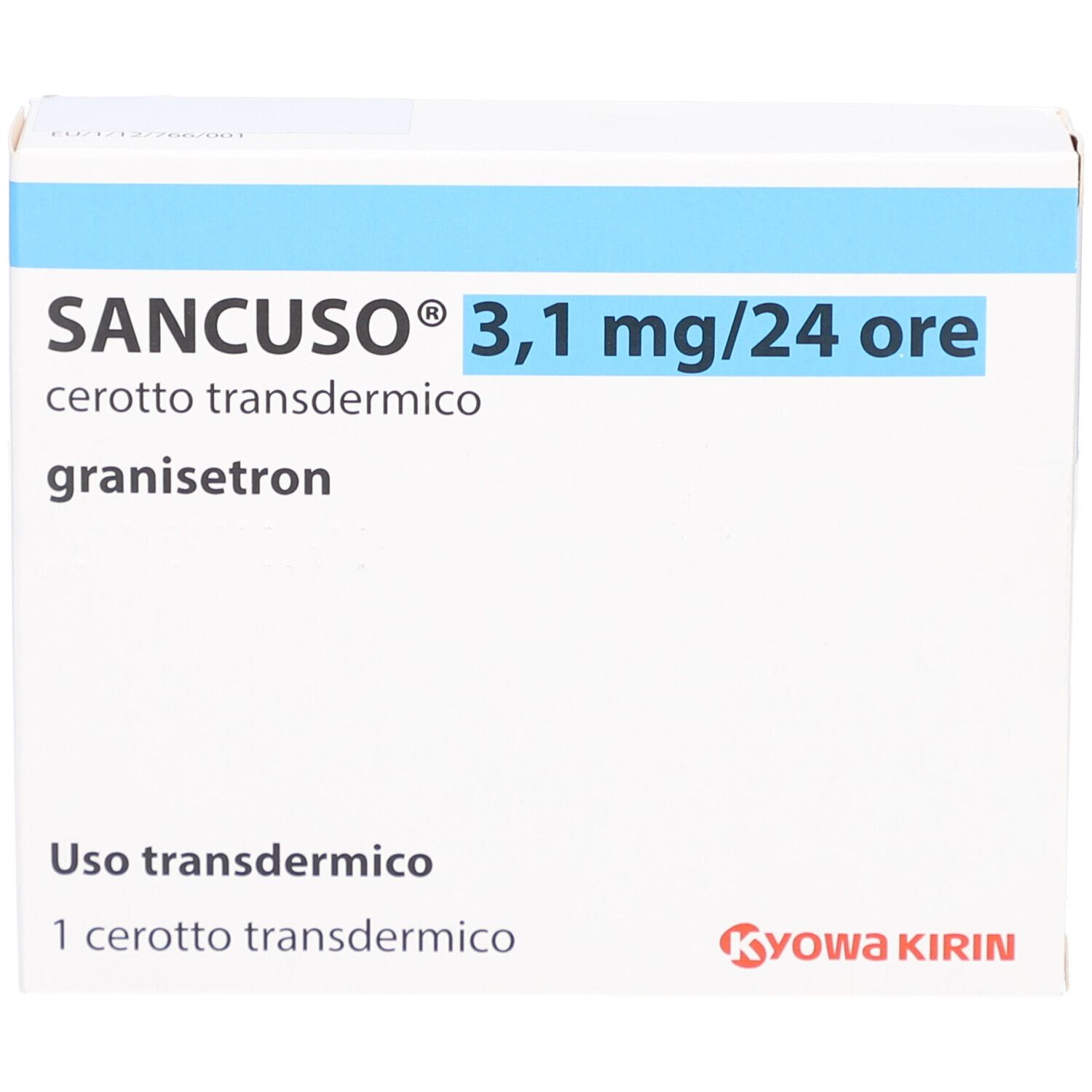 Verpackung von SANCUSO 3,1 mg/24 Stunden transdermale Pflaster. Weiß, mit blauer Schrift. Enthält 1 Pflaster.