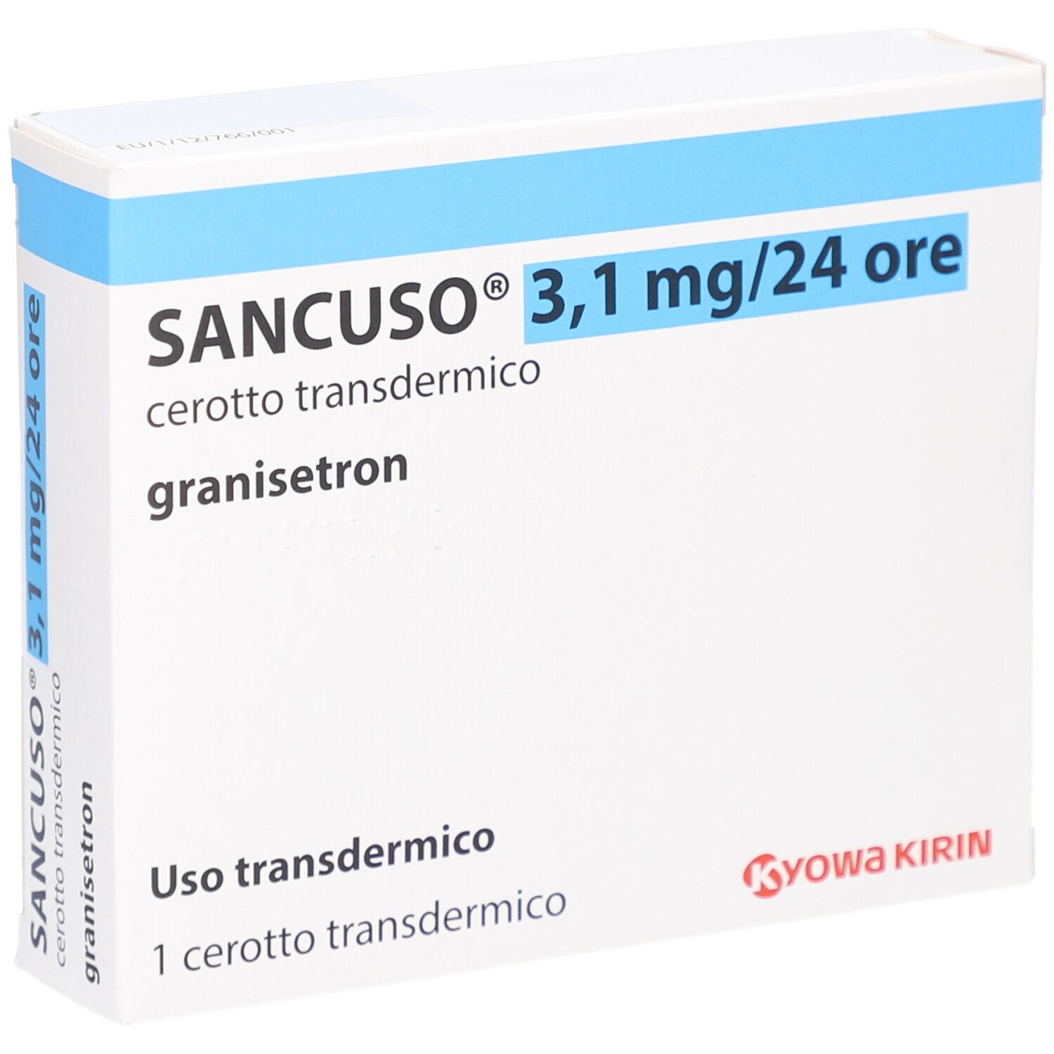 Verpackung von SANCUSO 3,1 mg/24 Stunden transdermale Pflaster. Weiß, mit blauer Schrift. Enthält 1 Pflaster.
