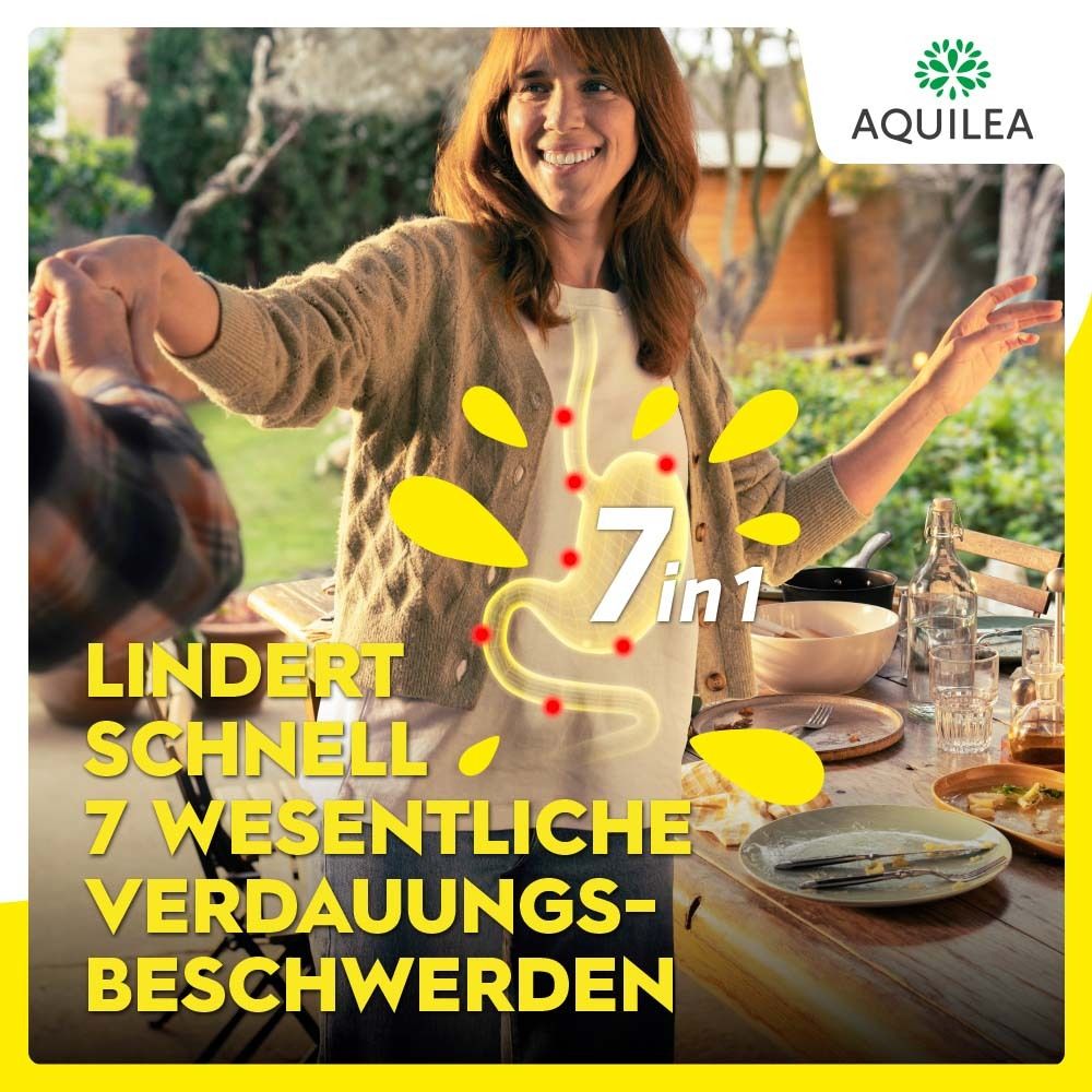 Frau im Freien. Gelbe Illustration des Verdauungstrakts. Text: Lindert schnell 7 Verdauungsbeschwerden.