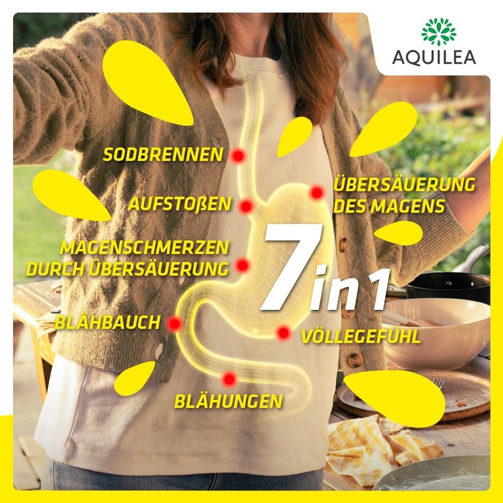 Frau mit gelber Illustration des Verdauungstrakts. Text: Sodbrennen, Aufstoßen, Magenschmerzen, Blähungen.