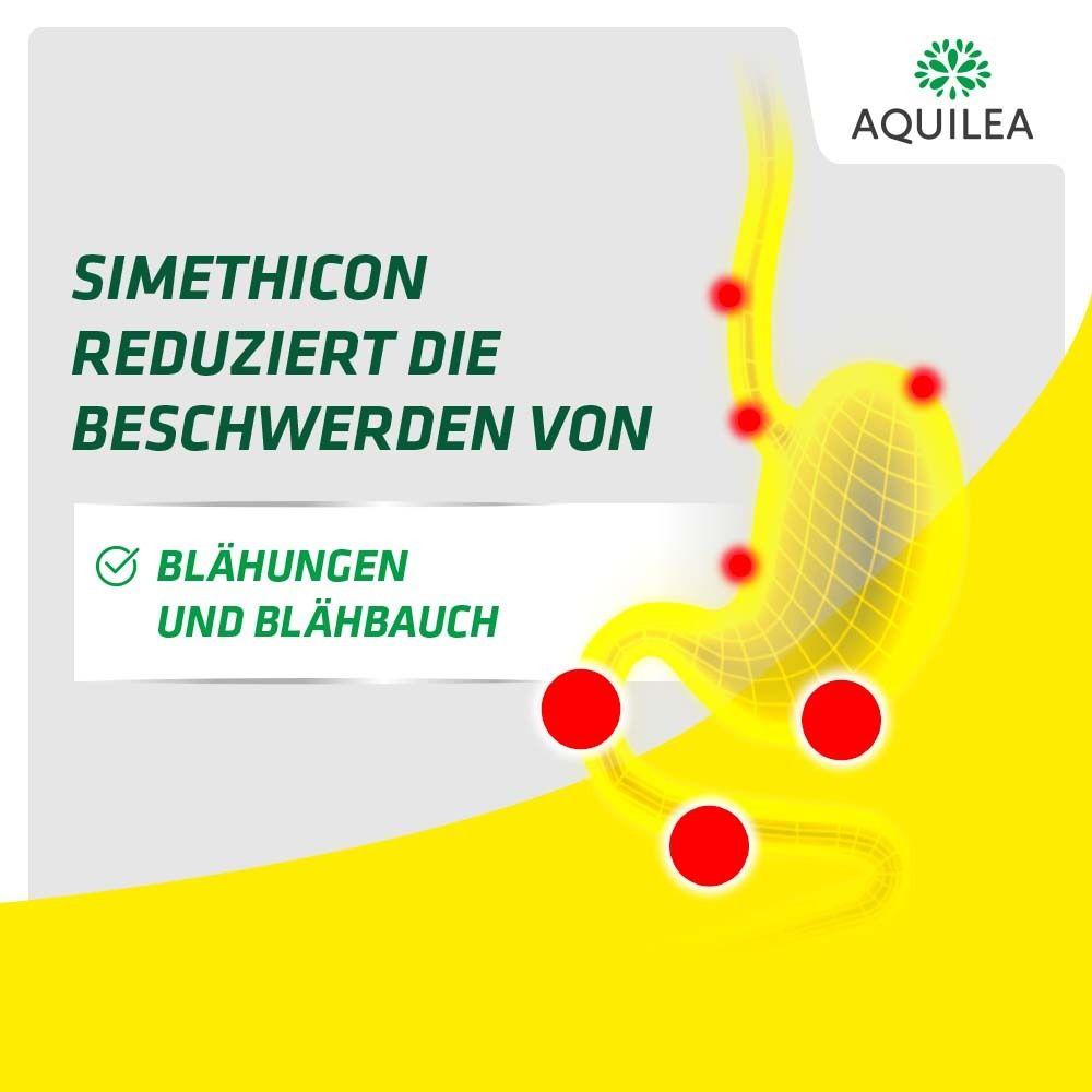 Illustration des Verdauungstrakts. Text: Simeticon reduziert Blähungen und Blähbauch.