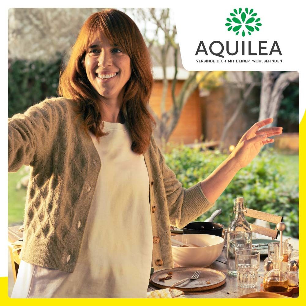 Frau im Freien. Aquilea Logo. Text: Verbinde dich mit deinem Wohlbefinden.