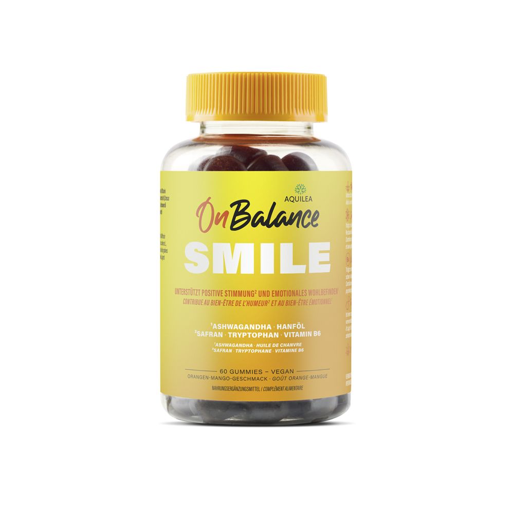 Klare Flasche mit gelbem Etikett. Enthält Gummies. Aufschrift: AQUILEA OnBalance SMILE. 60 Gummies, vegan.