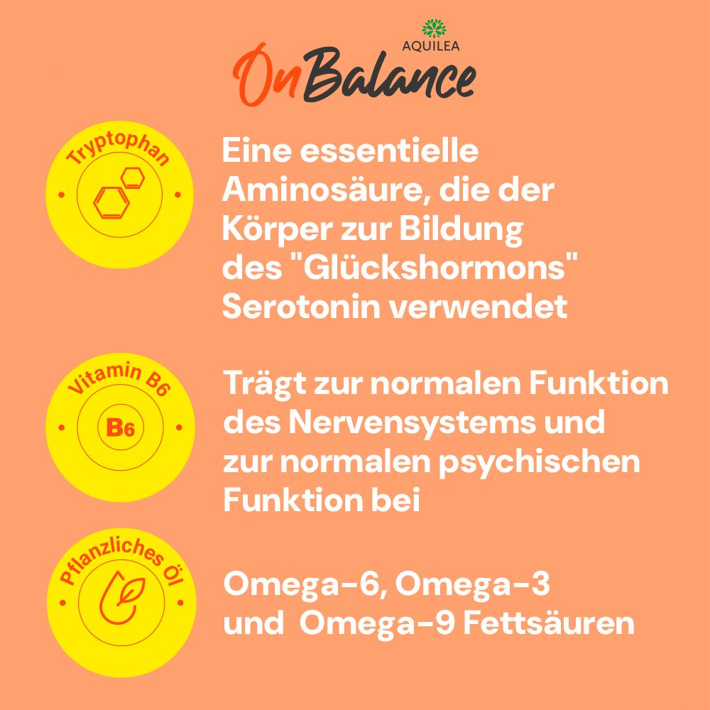 Gelber Hintergrund mit Text. Tryptophan, Vitamin B6 und pflanzliches Öl. Text über Aminosäuren und Nervensystem.