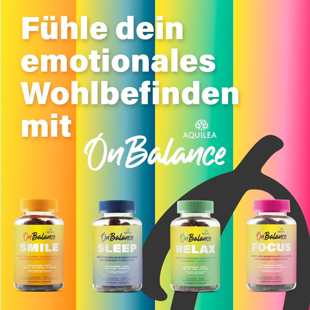 Mehrere Produktflaschen. AQUILEA OnBalance SMILE, SLEEP, RELAX, FOCUS. Aufschrift: Fühle dein emotionales Wohlbefinden.