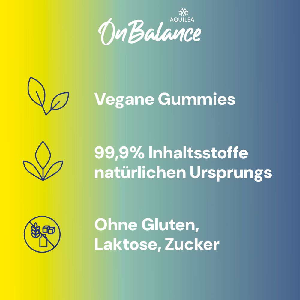 Text: Vegane Gummies. 99,9% Inhaltsstoffe natürlichen Ursprungs. Ohne Gluten, Laktose, Zucker.