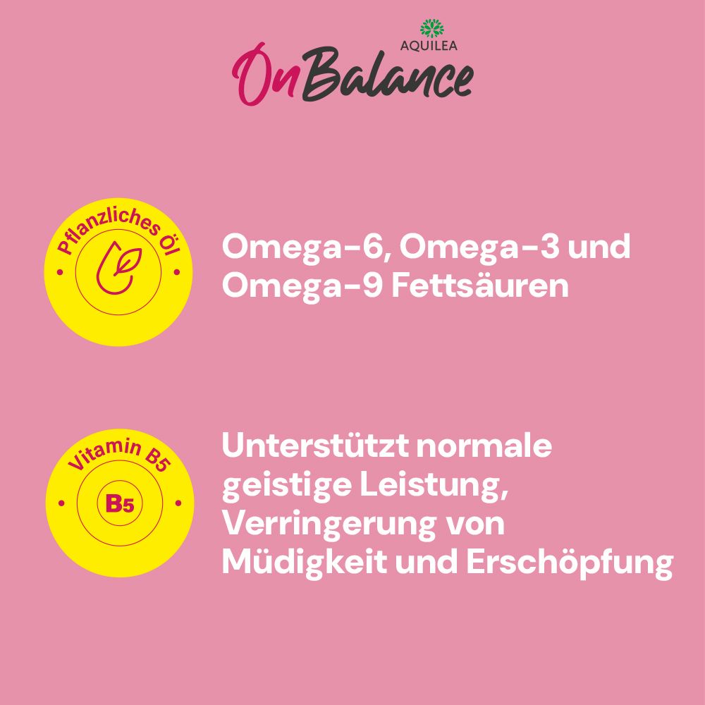 AQUILEA OnBalance Focus. Text auf rosa Hintergrund. Text: Omega-6, Omega-3 und Omega-9 Fettsäuren. Vitamin B5.