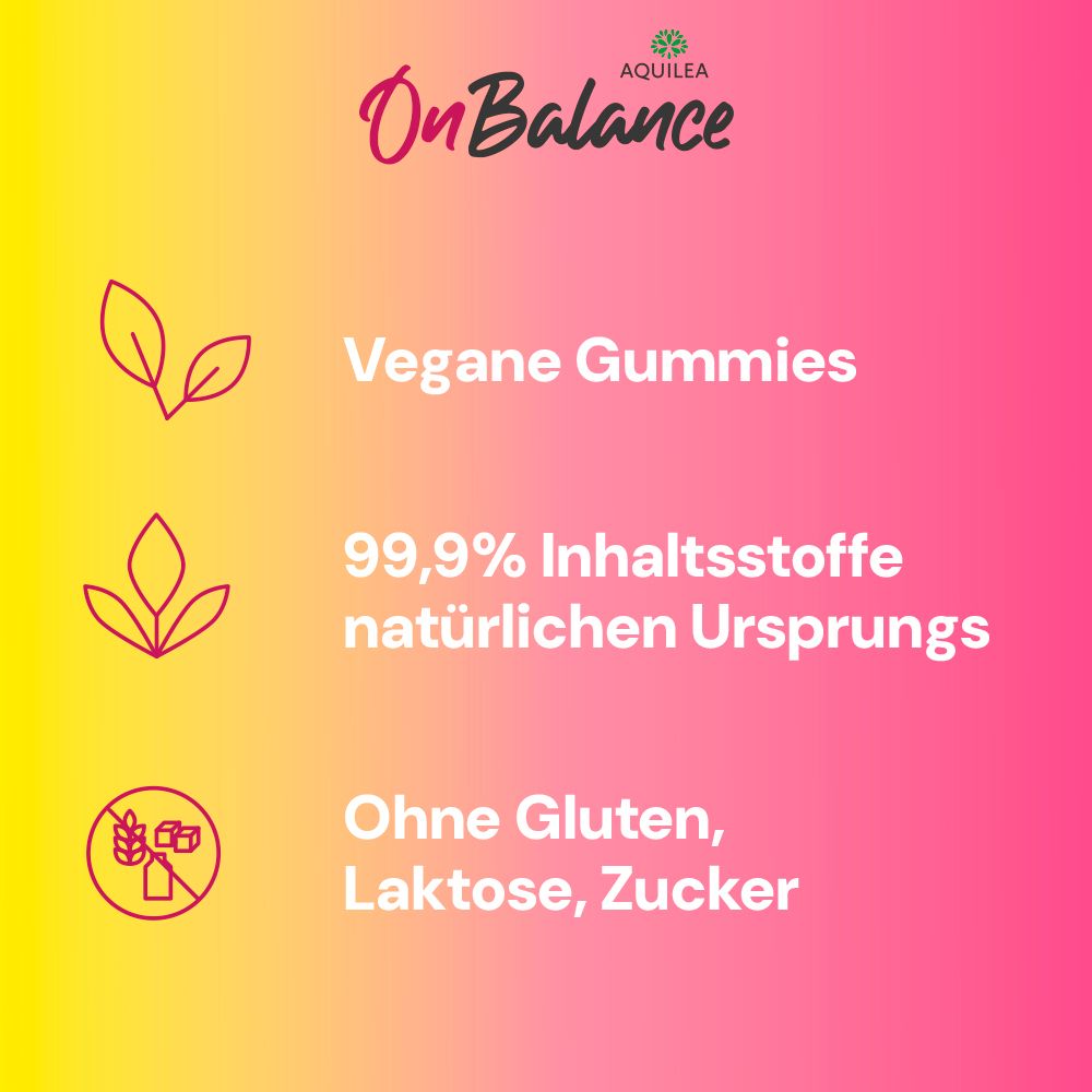 AQUILEA OnBalance Focus. Text auf farbigem Hintergrund. Text: Vegane Gummies. 99,9% natürlichen Ursprungs. Ohne Gluten, Laktose, Zucker.