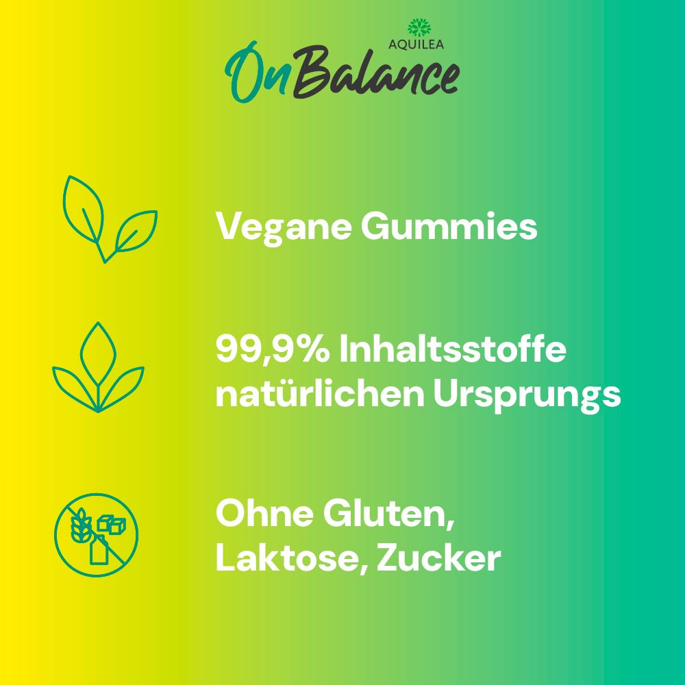 Text: Vegane Gummibärchen. 99,9% Inhaltsstoffe natürlichen Ursprungs. Ohne Gluten, Laktose, Zucker.