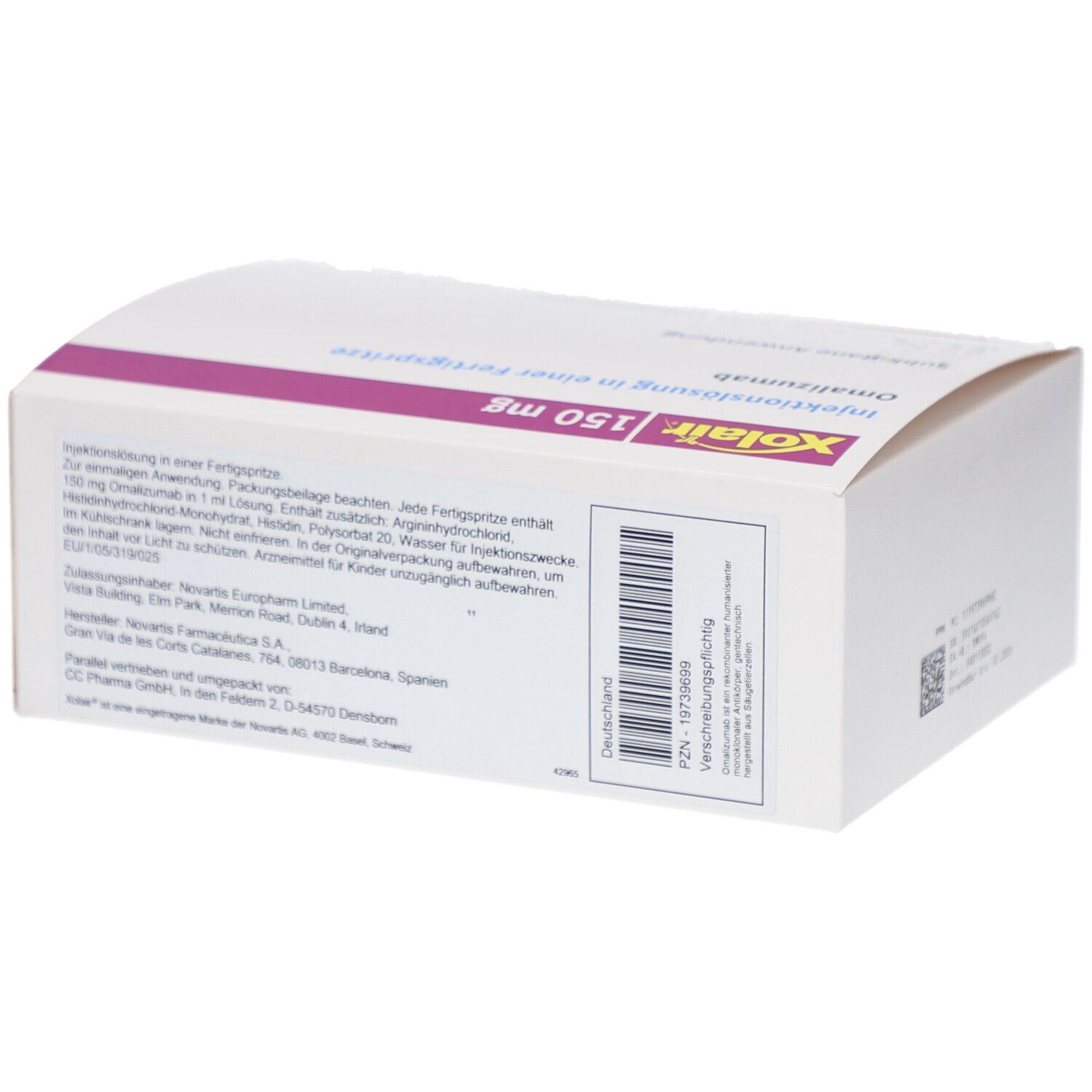 Weiße Faltschachtel mit rosa Akzenten. Aufschrift: Xolair 150 mg Injektionslösung in einer Fertigspritze. Omalizumab. Text.