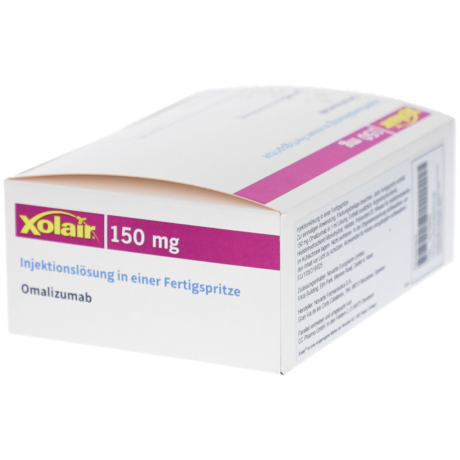Weiße Faltschachtel mit rosa Akzenten. Aufschrift: Xolair 150 mg Injektionslösung in einer Fertigspritze. Omalizumab.