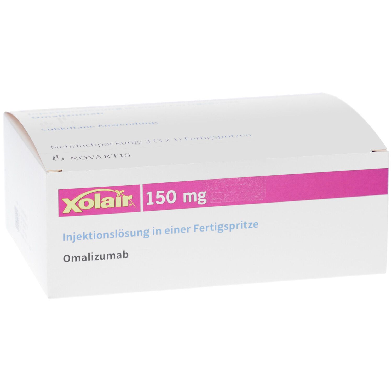 Weiße Faltschachtel mit rosa Akzenten. Aufschrift: Xolair 150 mg Injektionslösung in einer Fertigspritze. Omalizumab. Mehrfachpackung.