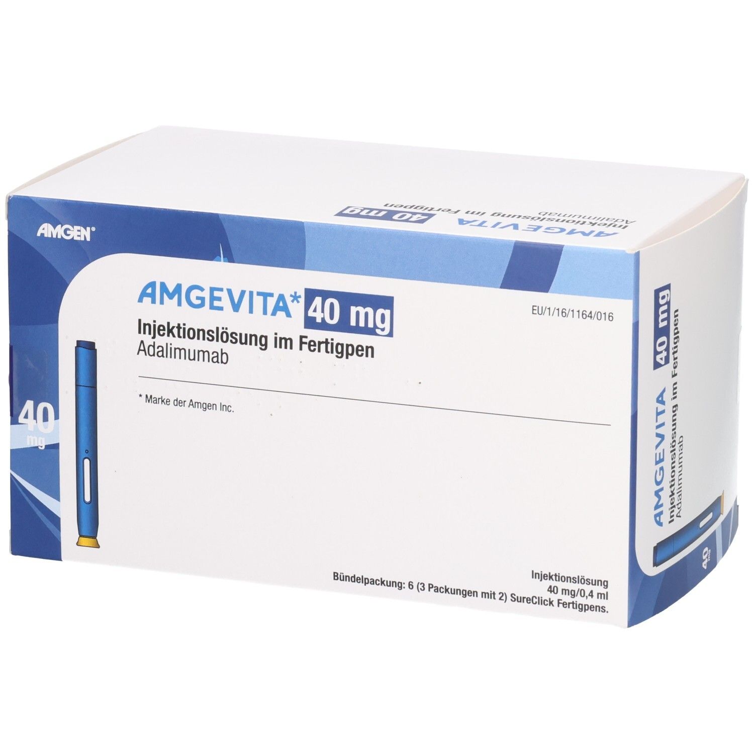 AMGEVITA 40 mg Fertigpen-Verpackung mit einem blauen Injektionsstift und Produktinformationen.