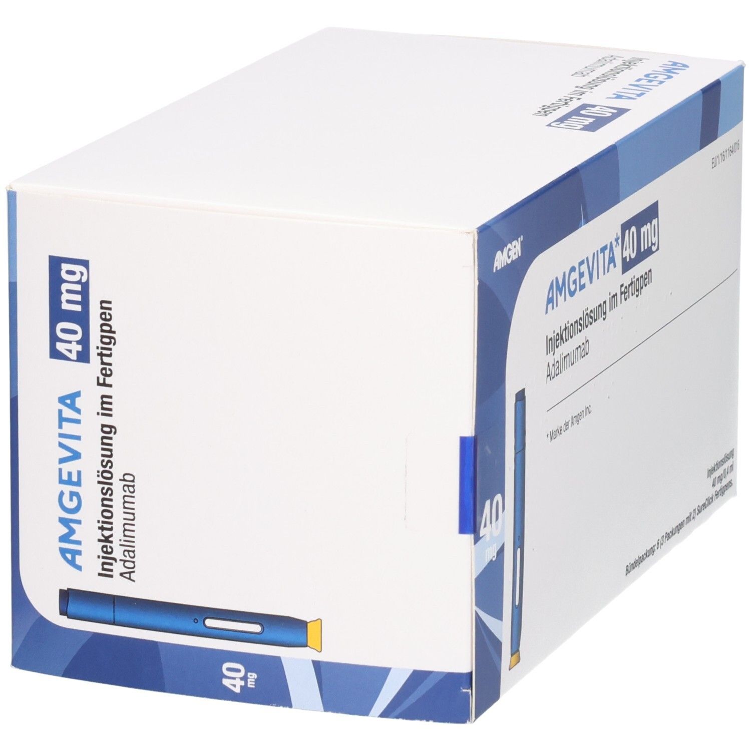 AMGEVITA 40 mg Fertigpen-Verpackung, Seitenansicht mit blauem Injektionsstift und Produktinformationen.