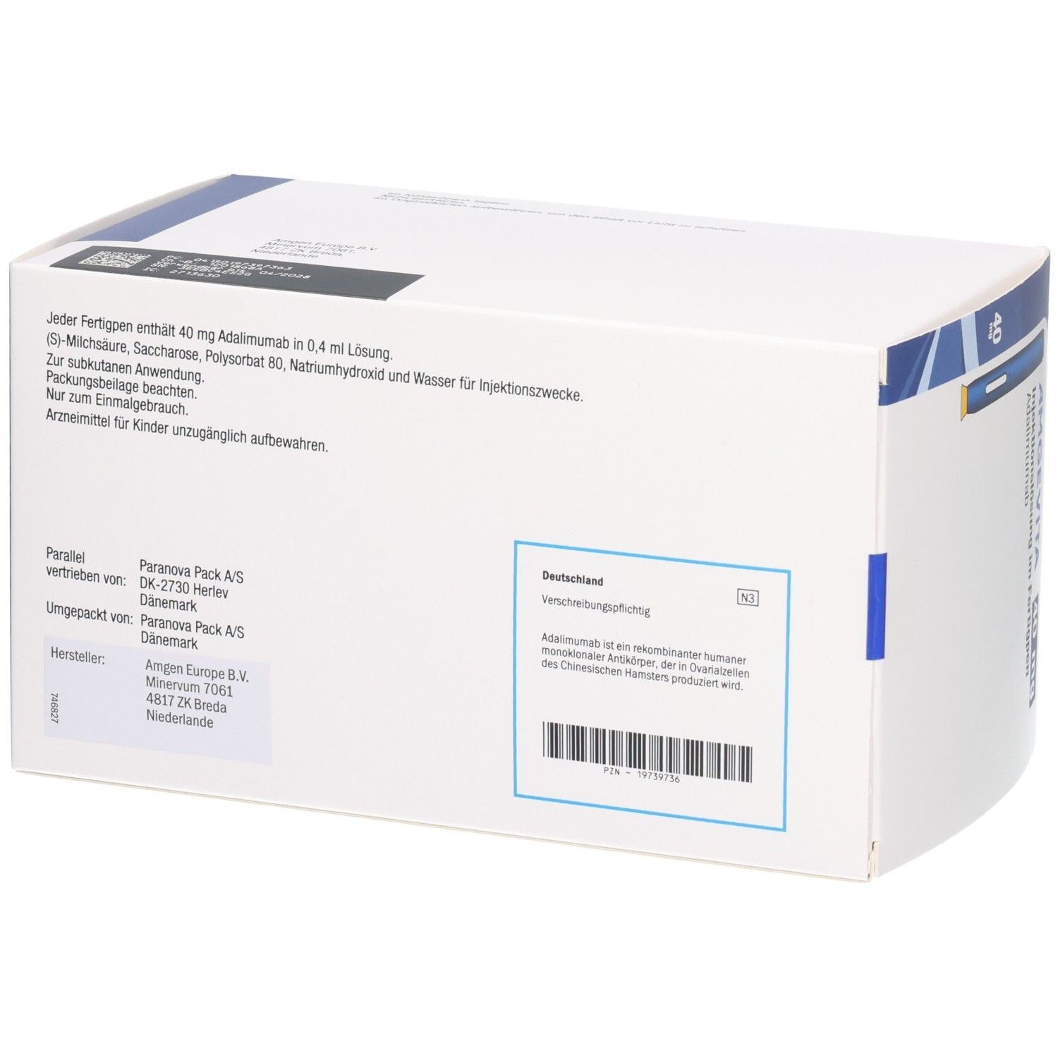 Rückseite der AMGEVITA 40 mg Fertigpen-Verpackung mit detaillierten Produktinformationen und Barcode.